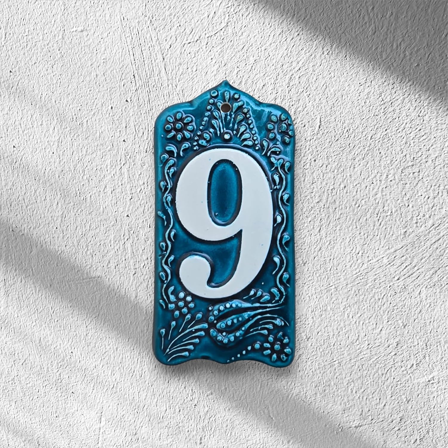 Handmade Ceramic House Number Tile – Custom Outdoor Address Sign – Turkish Iznik Art – Weatherproof Door Decor – 0 to 9 Digits (Green, 9)