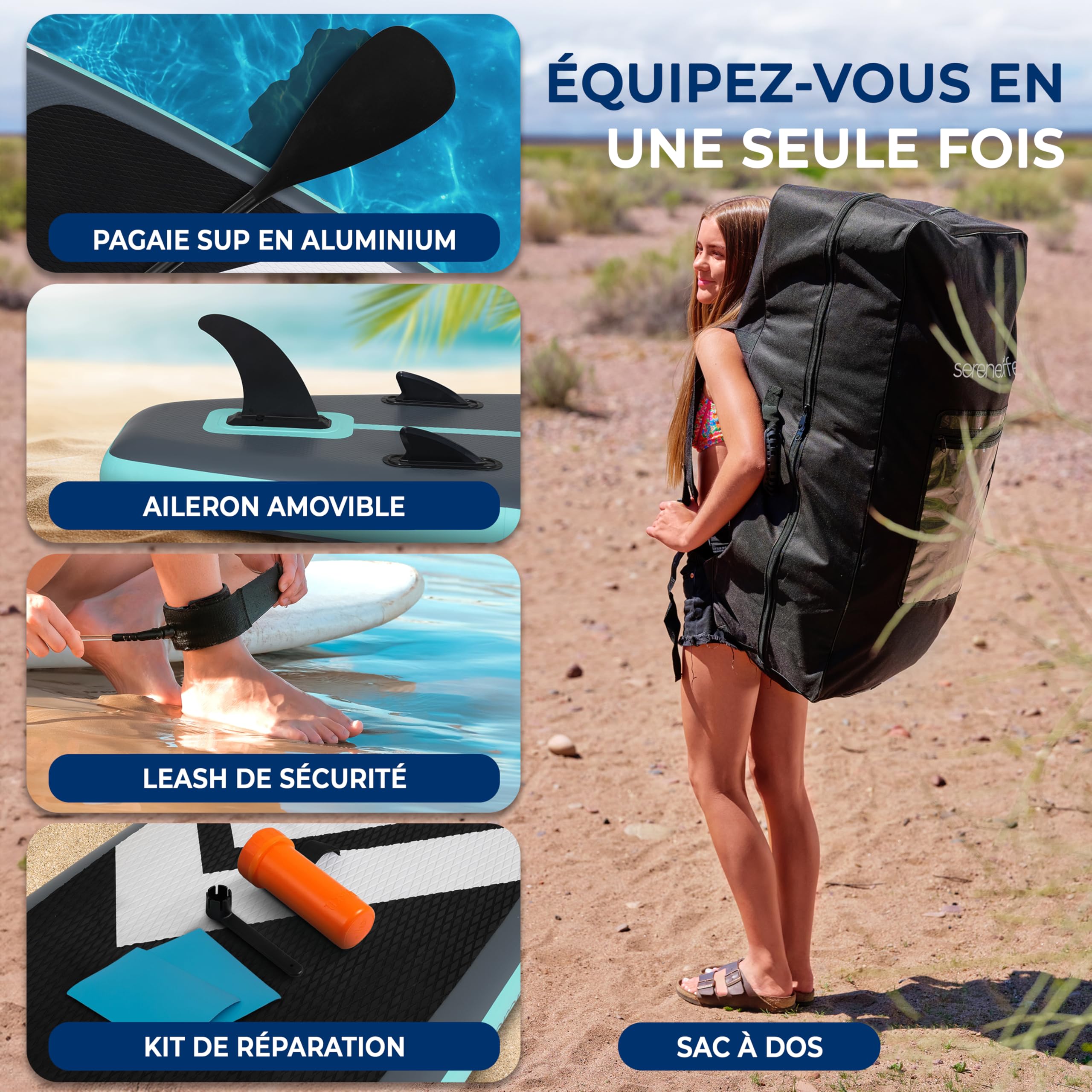 SereneLife Paddle Gonflable Adulte XL – Planche de Stand Up Paddle Stable Grande Largeur avec Tapis EVA Antidérapant, Pompe, Pagaie et Sac de Transport Inclus