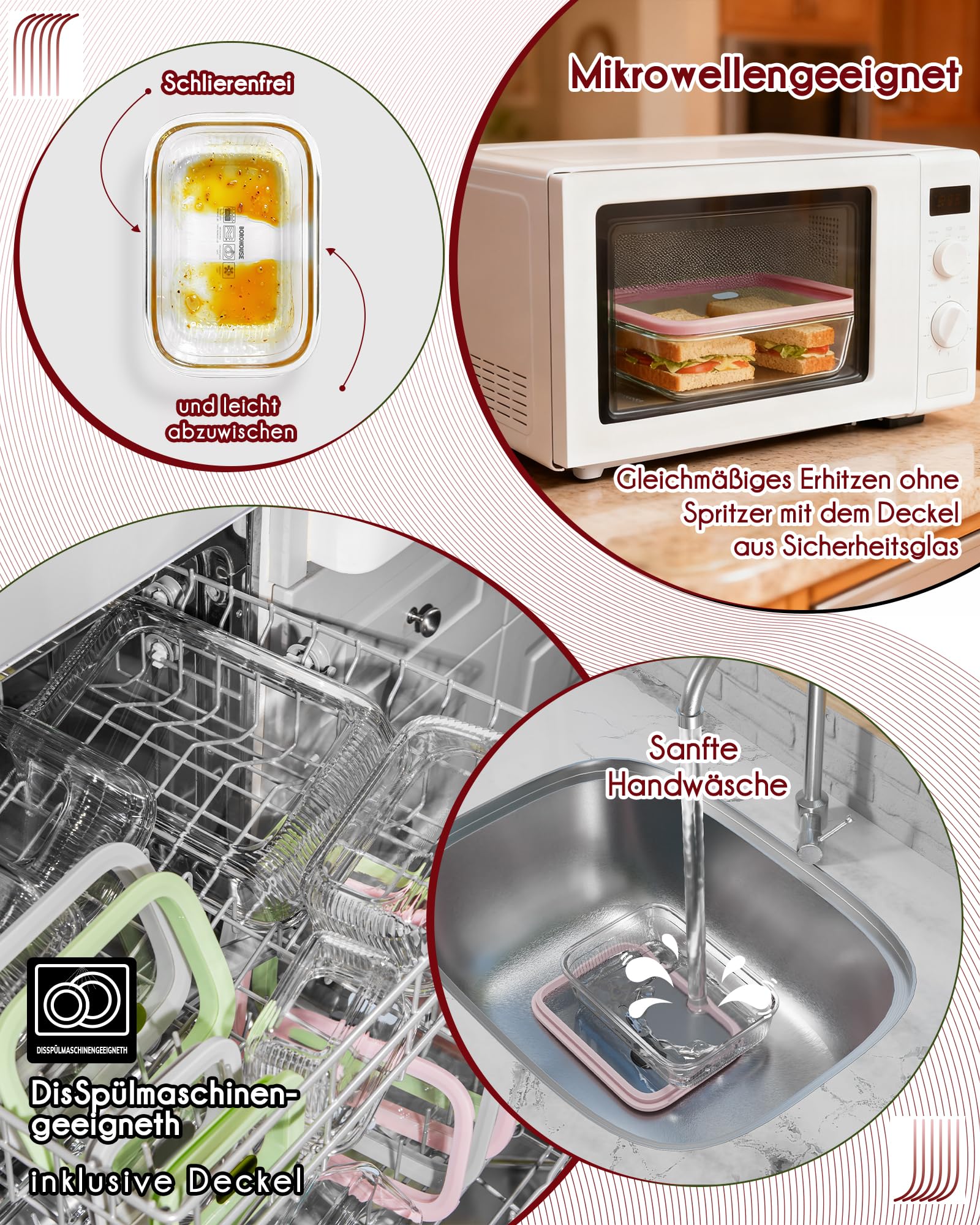 Glasdosen Set 2200ml mit Druckverschluss, Luftdicht & Auslaufsicher, Für Mikrowelle & Backofen, Ideal für Meal Prep & Aufbewahrung
