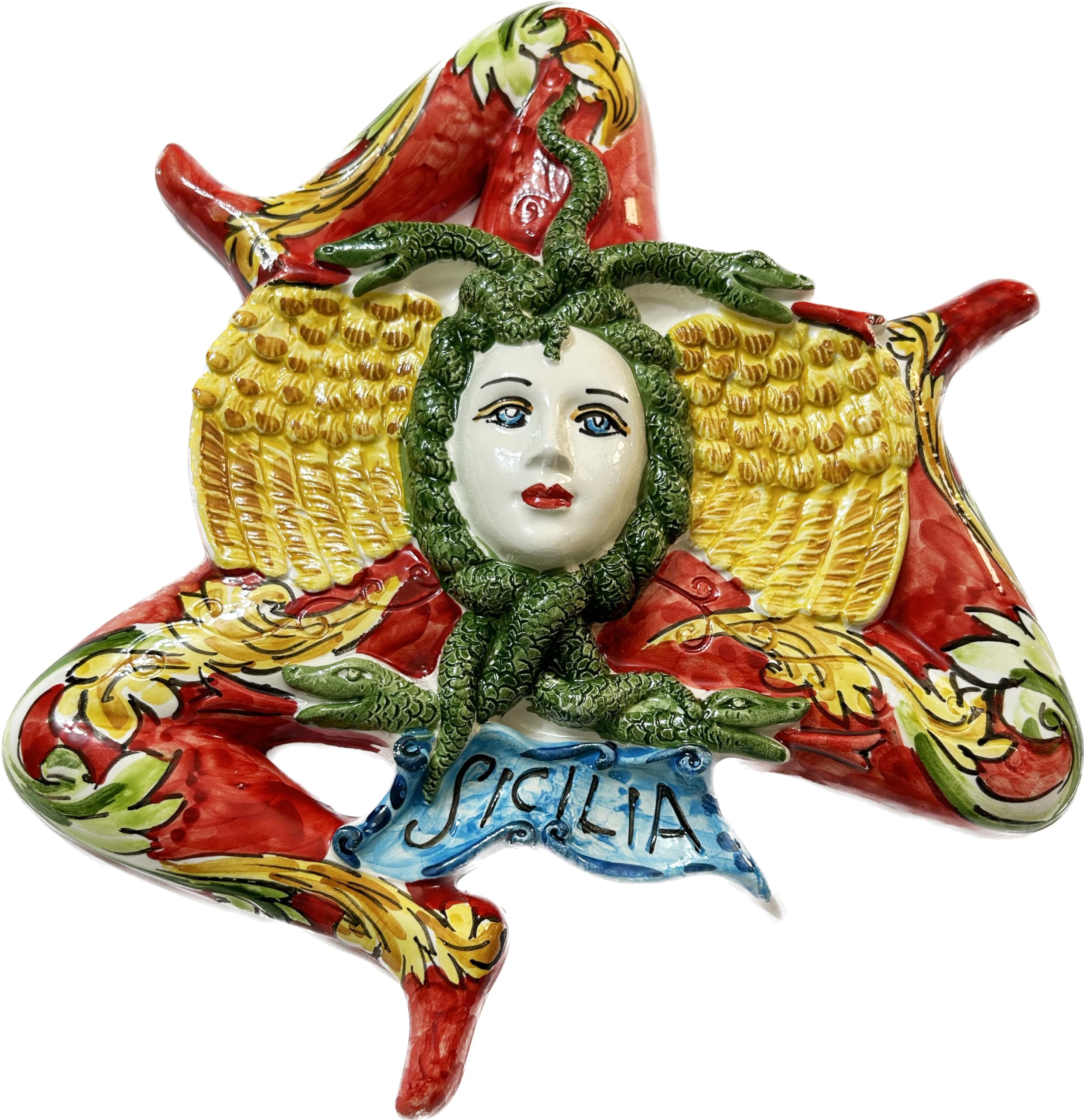 Trinacria z ceramiki dicilienne z Caltagirone wykonana ręcznie, rękodzieło dekoracyjne (czerwony, 28 cm)