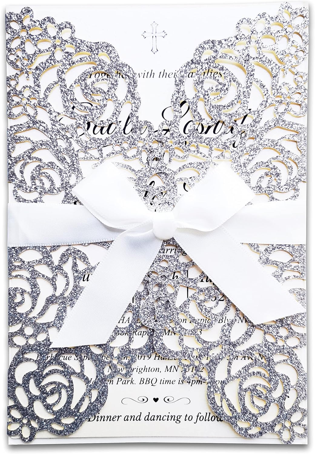 50PCS 5“x 7.28” Wedding Invitations Cards BLANK Laser Cut Rose Flowers with Ivory Ribbon and Envelopes for Qinceanera Engagement Birthday Bridal Shower Party Card (Silver Glitter)