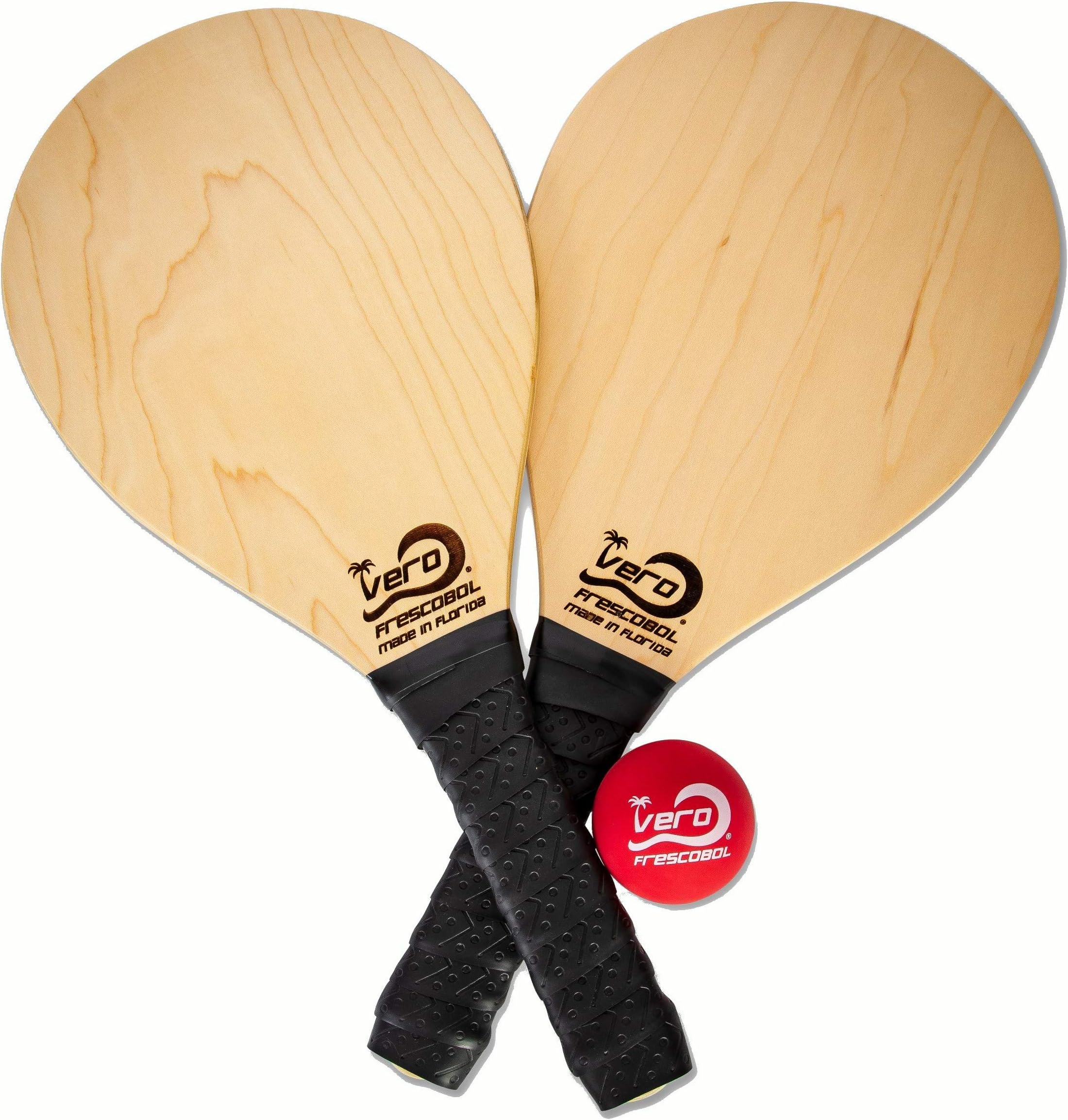 Vero Frescobol American Birch Wood Beach Frescobol Paddle Set, Two Official Balls, Tote-Bag, USA