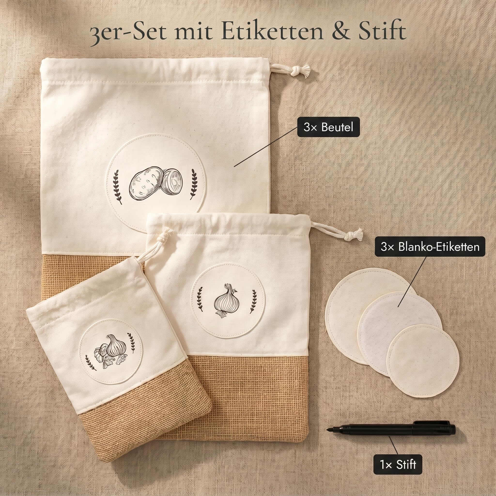 Valora® Kartoffel Aufbewahrungsbox 3er Set - Stoffbeutel für Kartoffeln, Zwiebel und Knoblauch Aufbewahrung - Längere Frische Zwiebeltopf, Kartoffelbox - Atmungsaktive und Nachhaltige Stoffbeutel