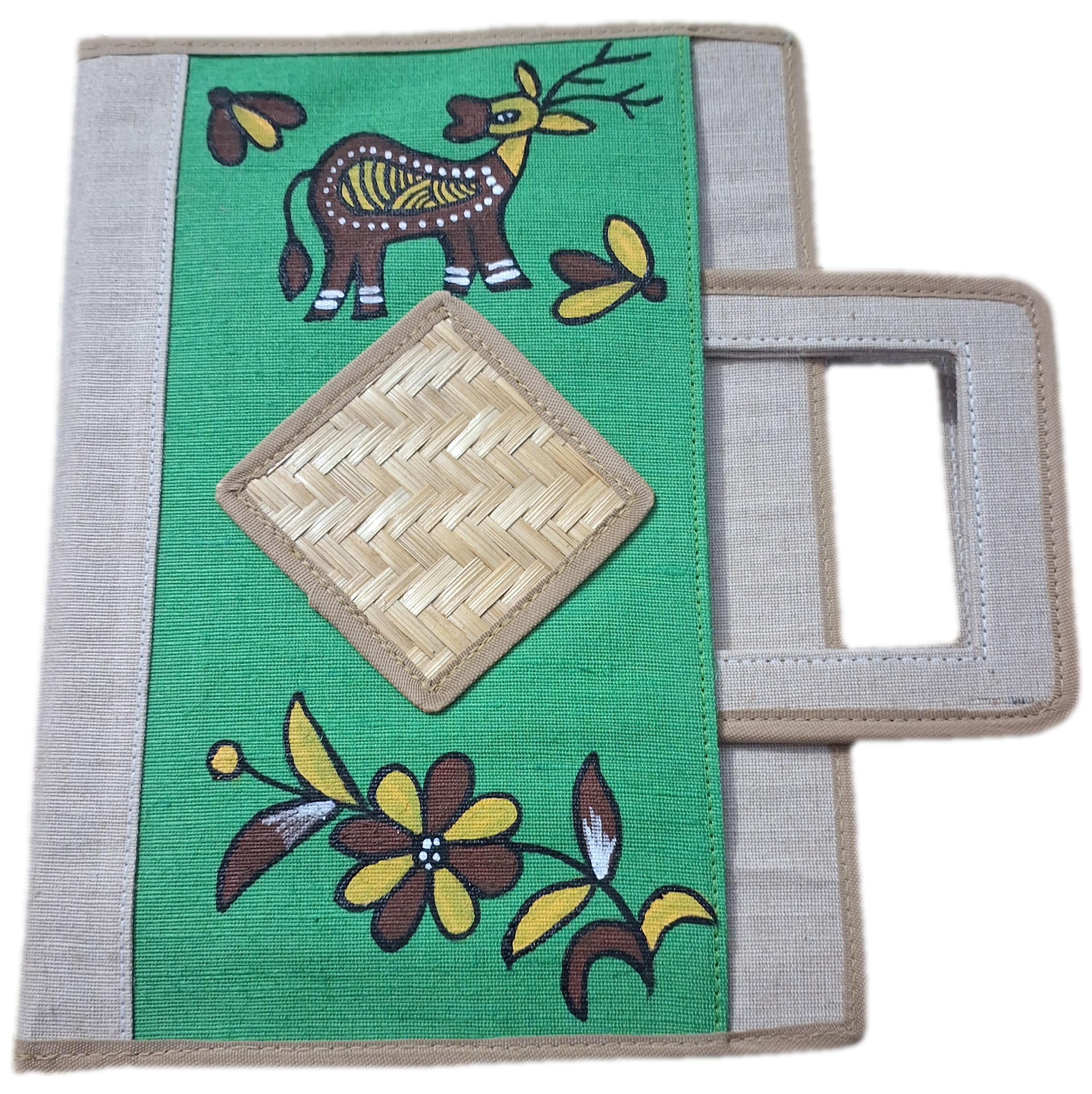 Jute Folder with Soharai Painting Art, Handcrafted Traditional Design, Green and Beige
