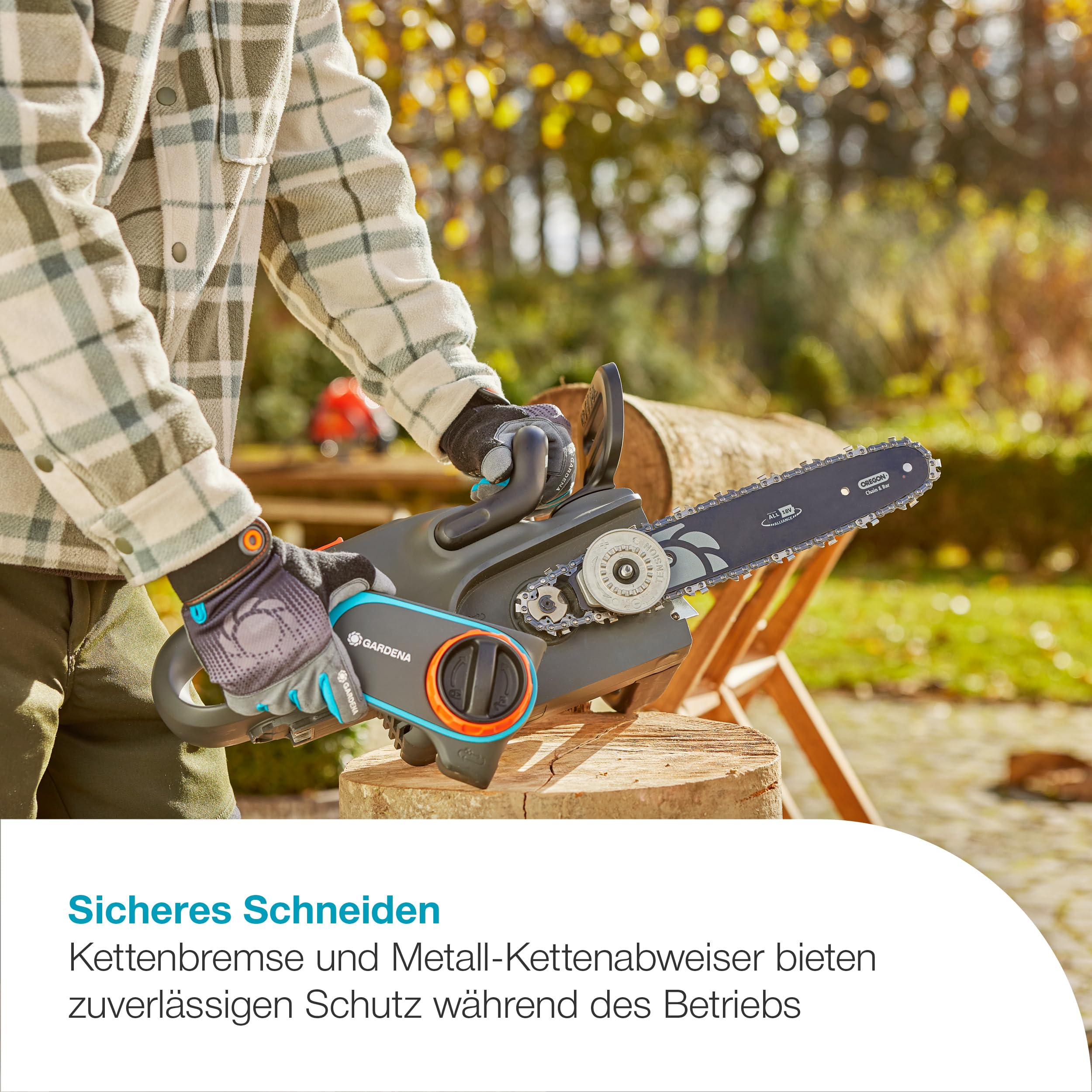 Gardena Akku-Kettensäge PowerSaw 250/18V P4A Ready-To-Use Set: Oregon Kette, Ergonomisch, Geräuscharm, Kettenbremse, Kabellos (14790-20)