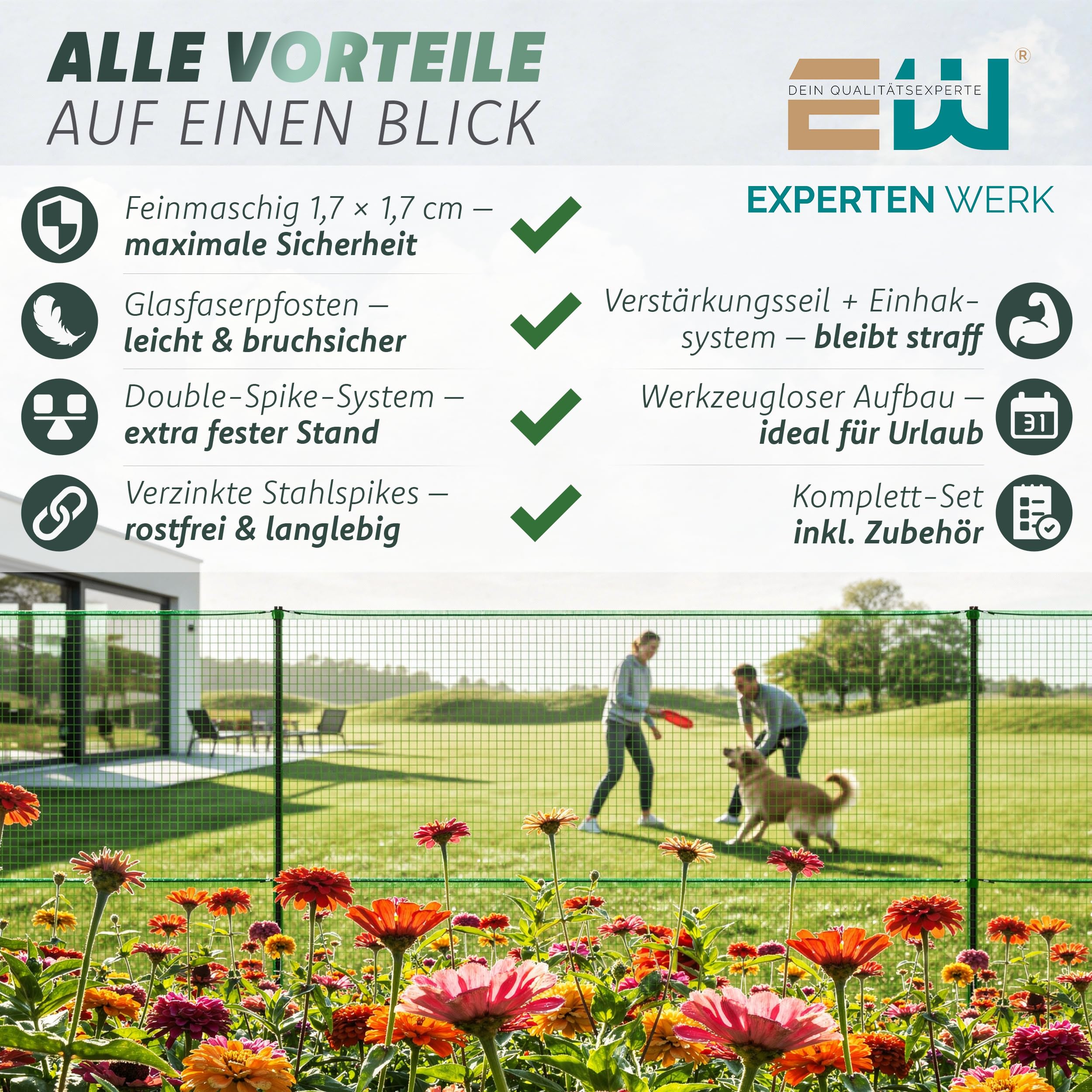Mobiler Steckzaun 15m x 90cm – Hundezaun, Hühnerzaun, sofort startklar | Kleintiere & Geflügel – Double-Spike – Komplettset inkl. Zubehör – Begrenzungszaun Gartenzaun, Camping & Urlaub – Stromfrei
