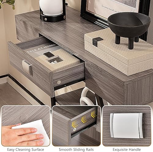 Miniatura 5 de LDAILY Mesa consola de 3 niveles, mesa de sofá industrial y moderna con cajón de almacenamiento y dispositivo anticaída, mesa detrás del sofá para