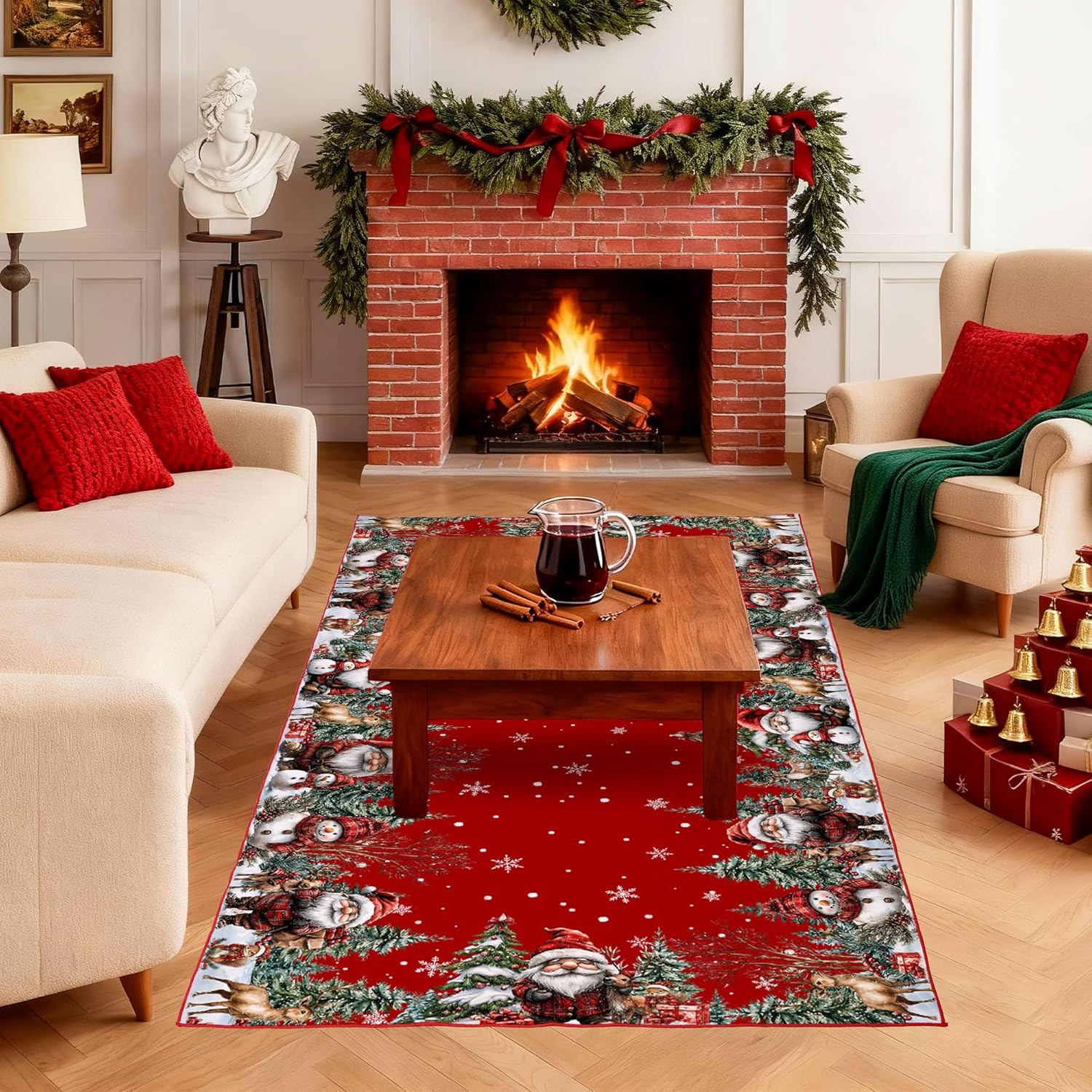 Christmas Area Rug 3x5, Santa and Snowman Red Rugs - Xmas Washable Non Slip Low Pile Christmas Carpet for Hallway Living Room Bedroom Holiday Decor
