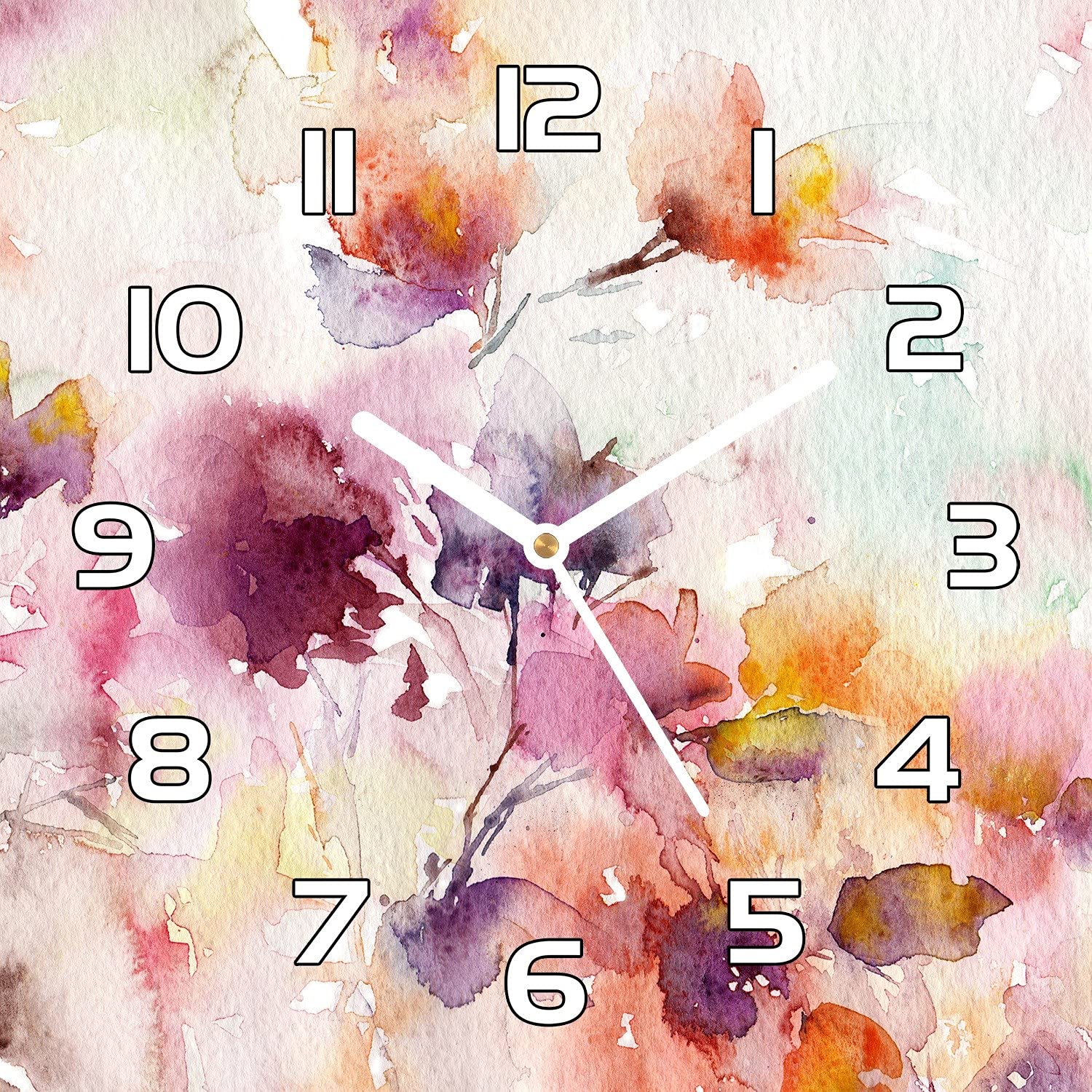 Horloge en verre 30x30 cm à aiguilles blanches pour décoration de salon Coloray Fleurs