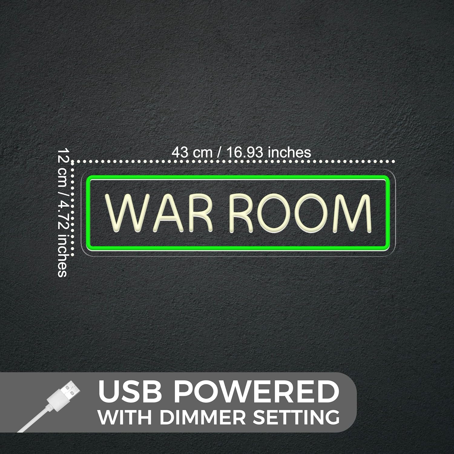 WAR ROOM Neon Sign Dimmable Green LED Letter Sign for Game Room, Home Office, Gym & Garage Wall Decor - 16.9 x 4.7 Inch Strategic Tactical Light Decor