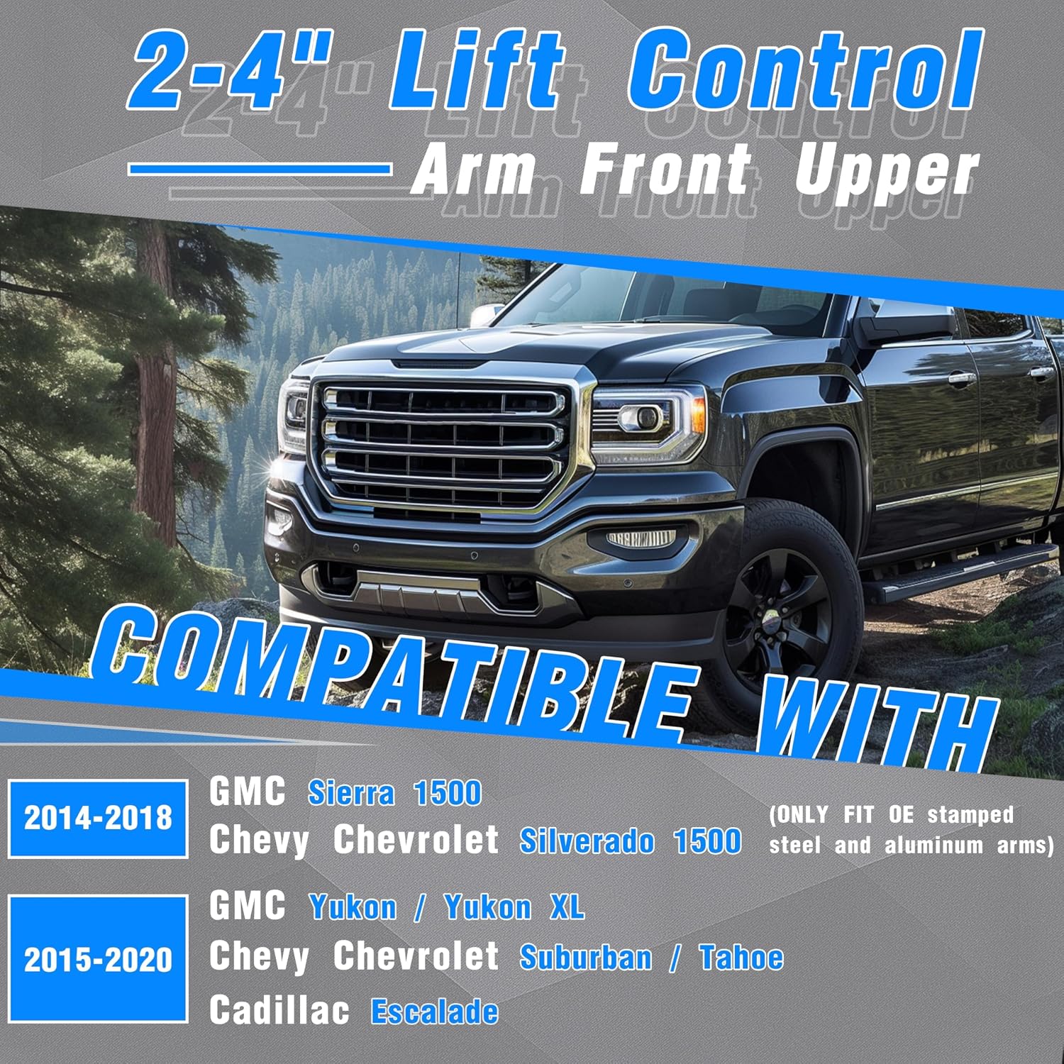 KUAFU Front Upper 2''-4" Lift Control Arm Compatible with 2014-2020 GMC Sierra 1500, Yukon; 2014-2020 Chevy Silverado 1500, Suburban, Tahoe, Escalad Steel Powder Coated Black