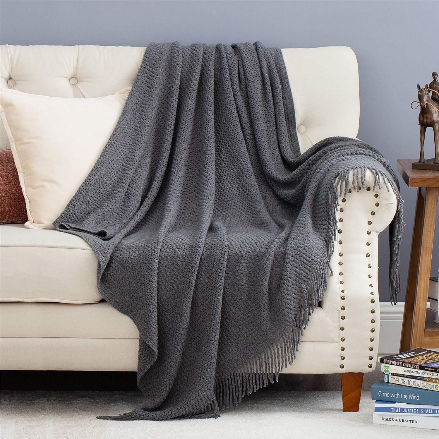 Bedsure Dark Grey Throw Blanket for Couch, Lightweight Knit Woven Blanket, 50x60 Inch - Soft Farmhouse Decorative Blanket with Tassels for Bed, Couch, Sofa, Black Charcoal Throw Blanket