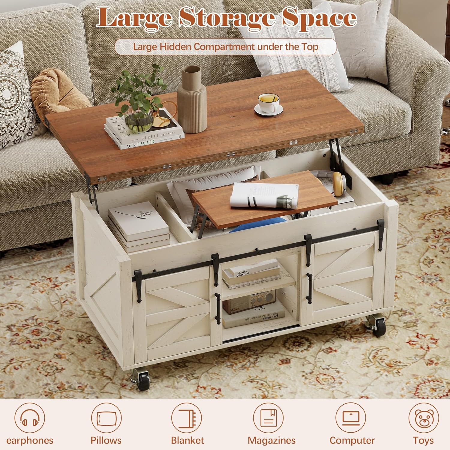 Lift Top Coffee Table with Storage, 4 in 1 Farmhouse Coffee Table with Lockable Rolling Wheels and Hidden Compartment, Center Table with 4 Sliding Barn Door for Living Room