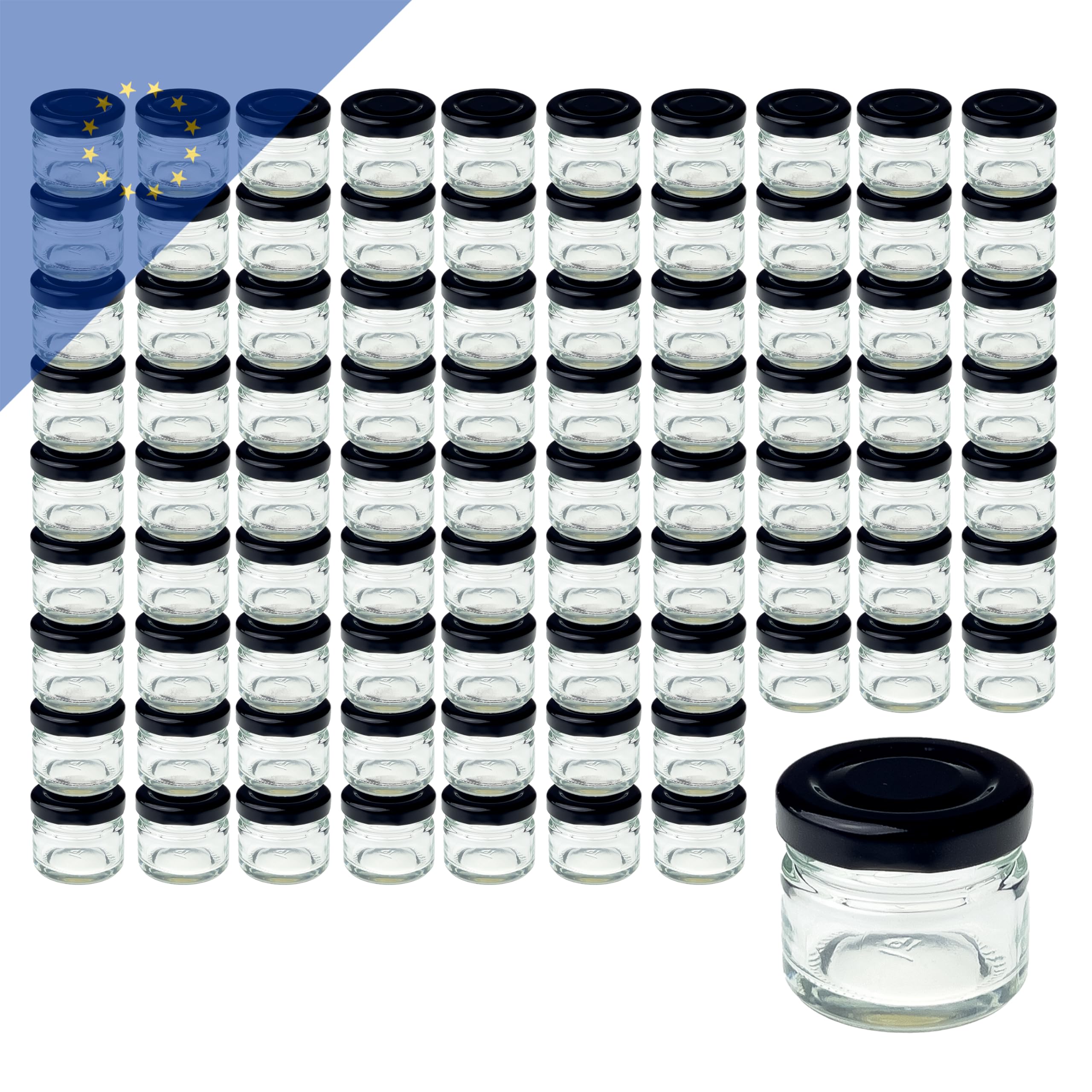 Lot de 100 bocaux en verre de 22 ml avec TO43 noir – Verre de qualité supérieure pour confitures, épices et échantillons – Hermétiques – Idéal pour le rangement et la présentation – Robuste et