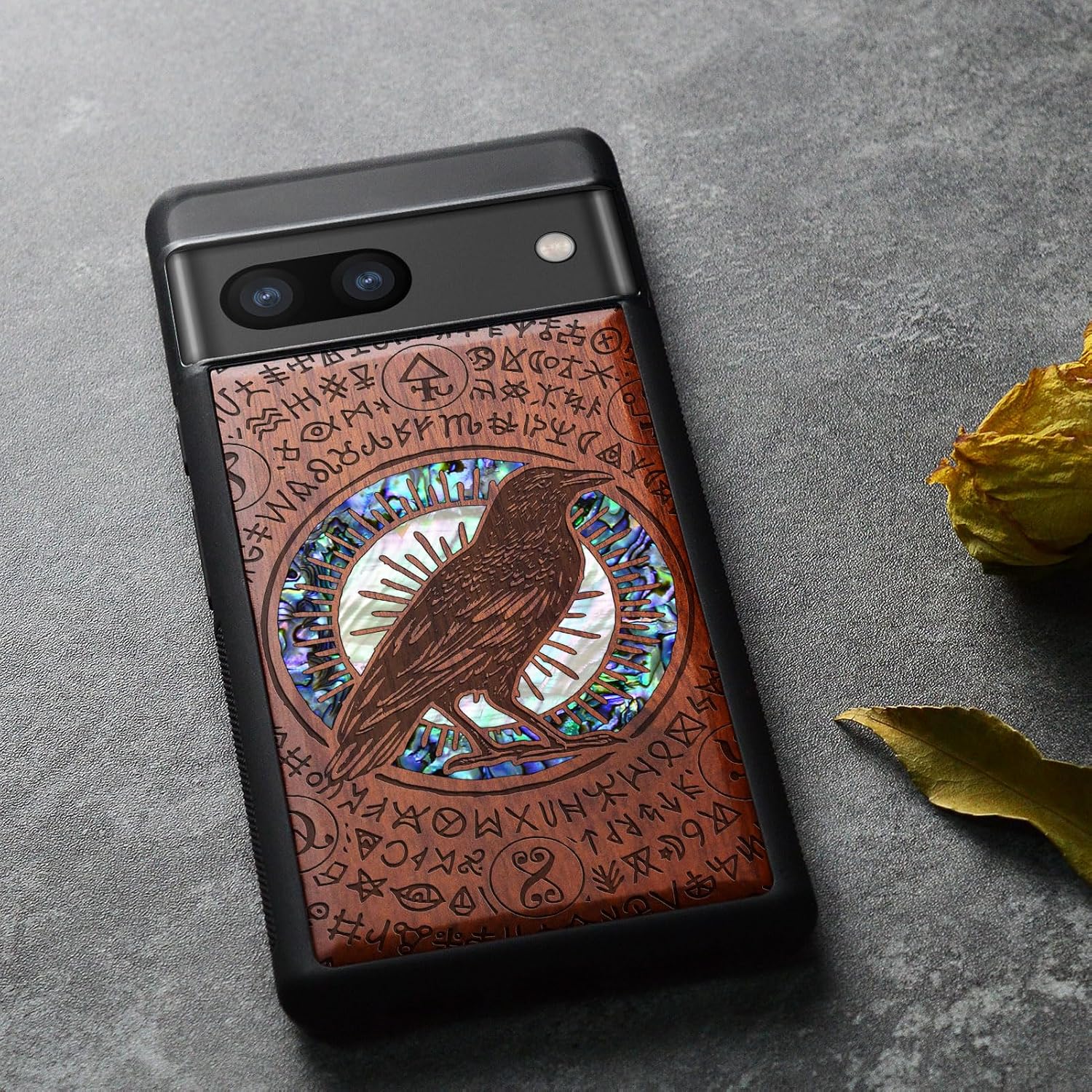 Carveit Designer Wooden Case for Google Pixel 8a Case Cover [Wood Engraving & Shell Inlay] Compatible with Wireless Chargers Pixel 8a (Haloed Crow-Rosy)