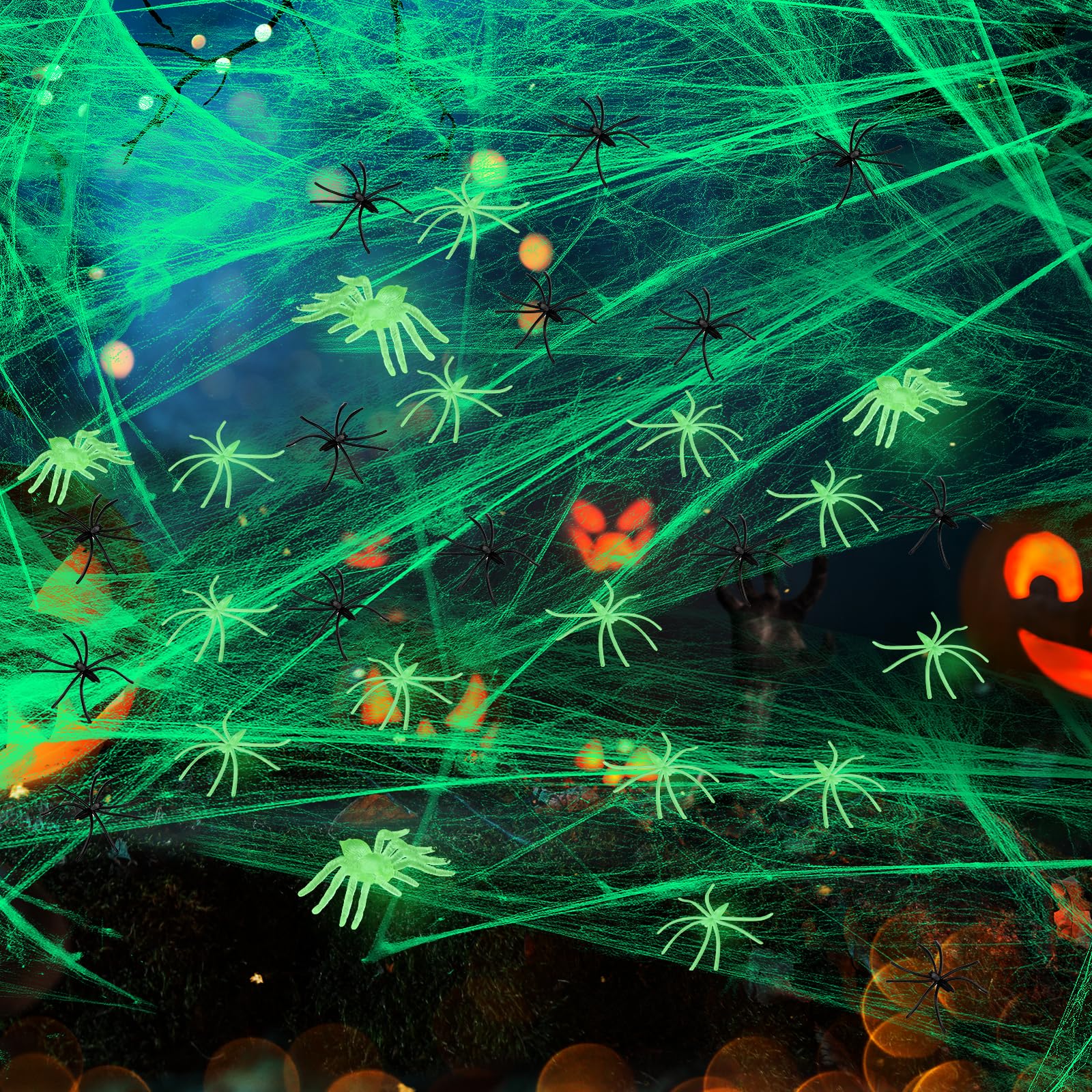 Halloween-Spinnennetz Dekoration 1200 M² Mit 100 Spinnen (50 Leuchtend) – Gruselige Deko Für Haus, Party & Garten