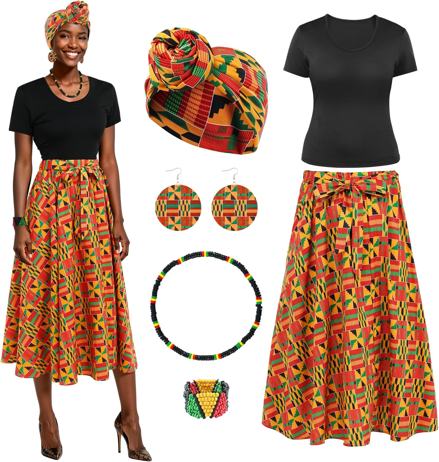 SOMSOC 6 Pcs Women African Attire Printed Skirt Shirt Dashiki Traditional Costume Head Wrap Earrings Necklace Bracelet