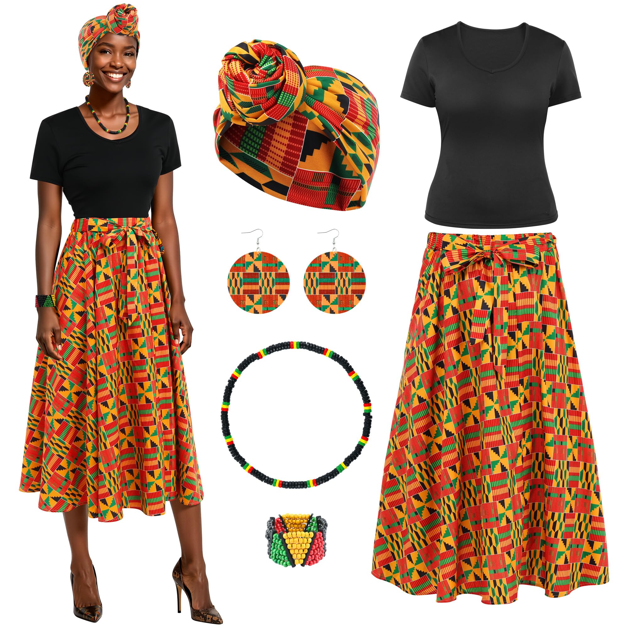 6 Pcs Women African Attire Printed Skirt Shirt Dashiki Traditional Costume Head Wrap Earrings Necklace Bracelet