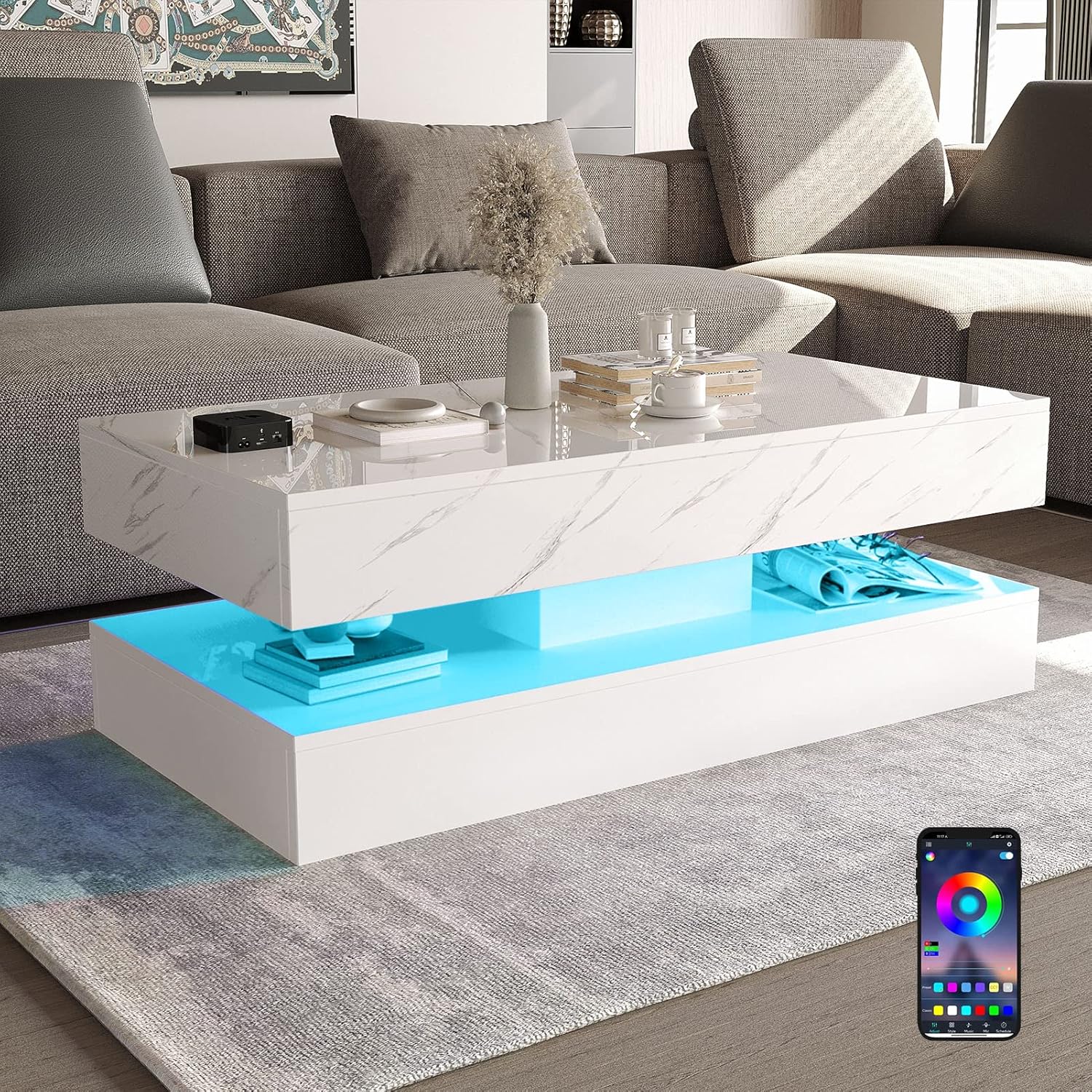 HOMFAMILIA LED Coffee Table with 2 Storage Drawers, Modern High Gloss White Coffee