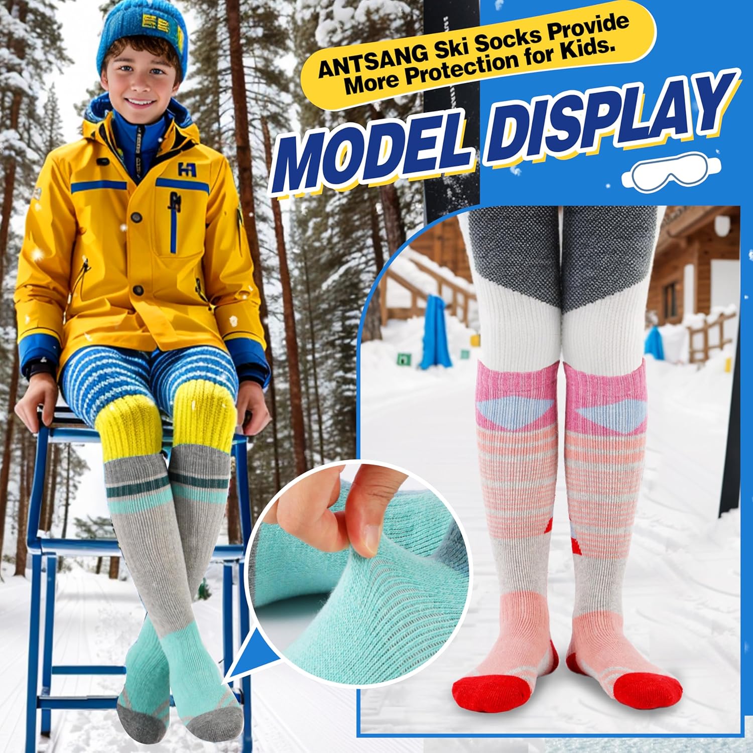ANTSANG Kids Merino Wool Ski Socks 3 Pairs Boys Girls Thermal Warm Thick Winter Cushioning Socks for Snowboarding Skiing