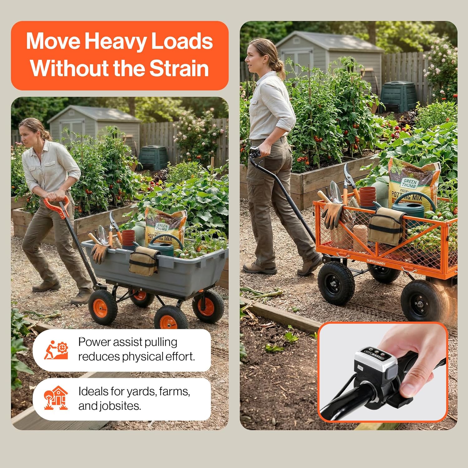 SuperHandy Electric-Assist Garden Cart - 5.7 Cubic Ft Utility Wagon, 440lbs Load, All-Terrain 10in Wheels, Anti-Rust Steel Frame, Convertible Flatbed Design