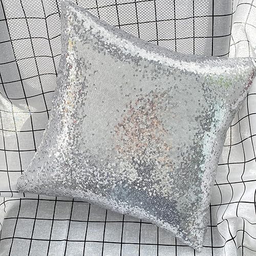 Miniatura 2 de Funda de almohada decorativa de color liso con lentejuelas y purpurina para el hogar, oficina, 16 x 16 pulgadas (plateado)