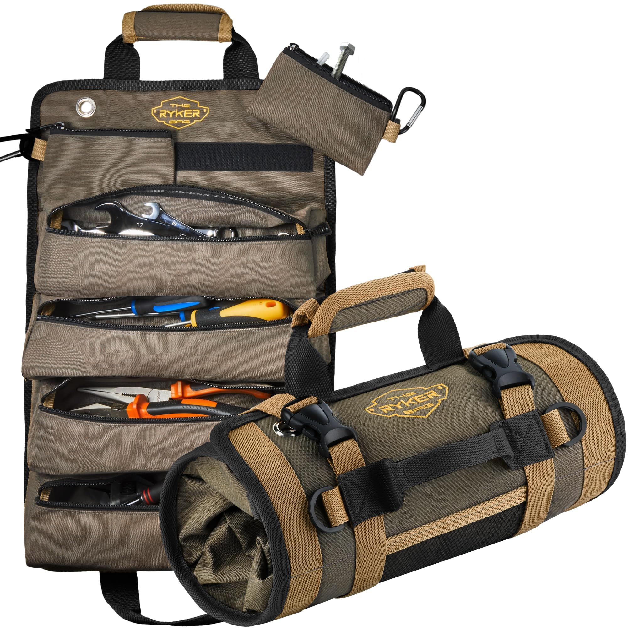 Ryker Roll Up Tool Bag Organizer Gift for Dad Heavy Duty Motorcycle Tool Roll Bag Organizer Portable Roll Up Tool Bag with Removable Pouch - Tool Bag for Men Gift/Mechanic (Khaki+Black)