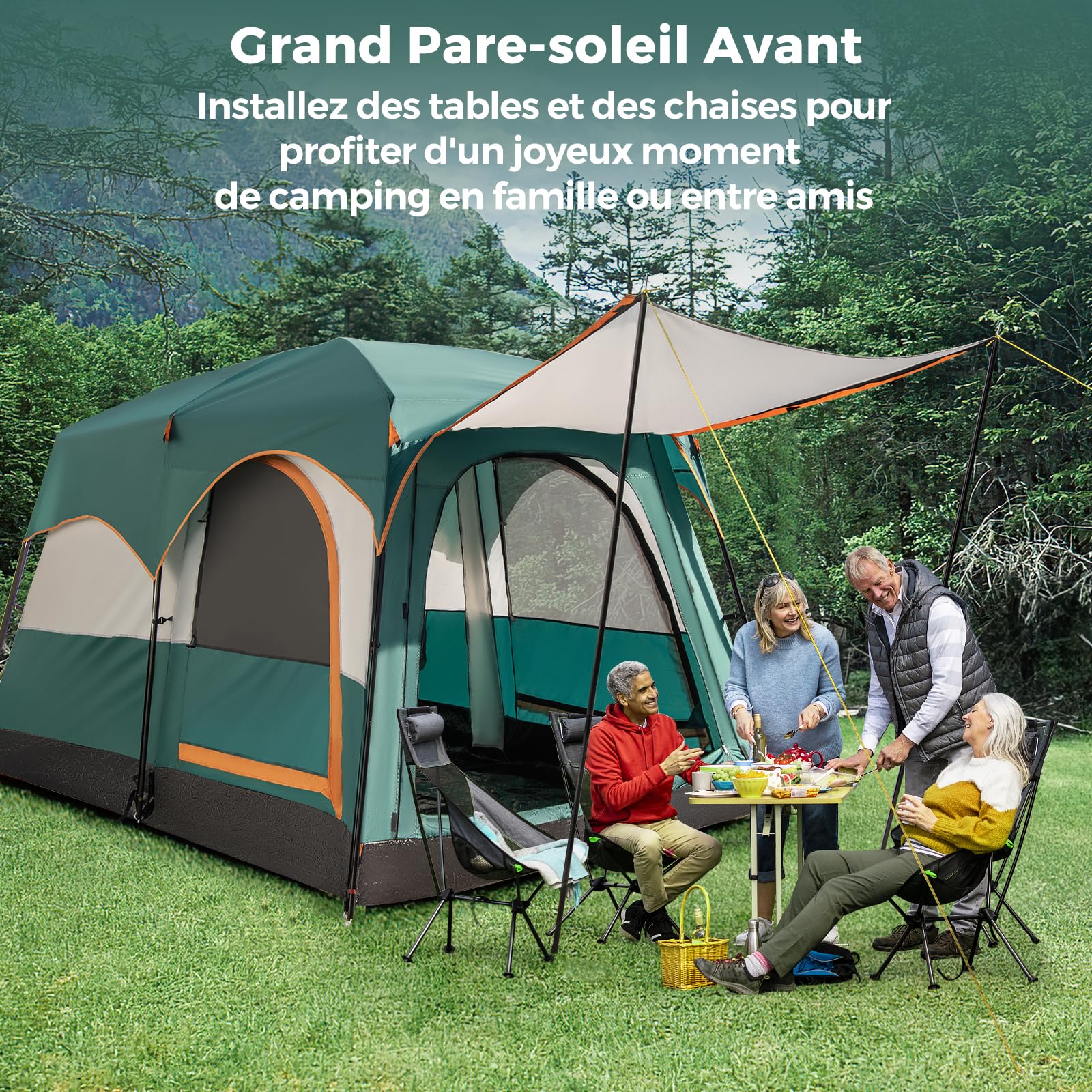 COSTWAY Tente de Camping avec 2 Pièces pour 4-6 Personnes, Tente Familiale Double Couchage Double Toit Imperméable Fenêtres en Maille Coupe-Vent Sac de Transport, pour Fête Randonnée