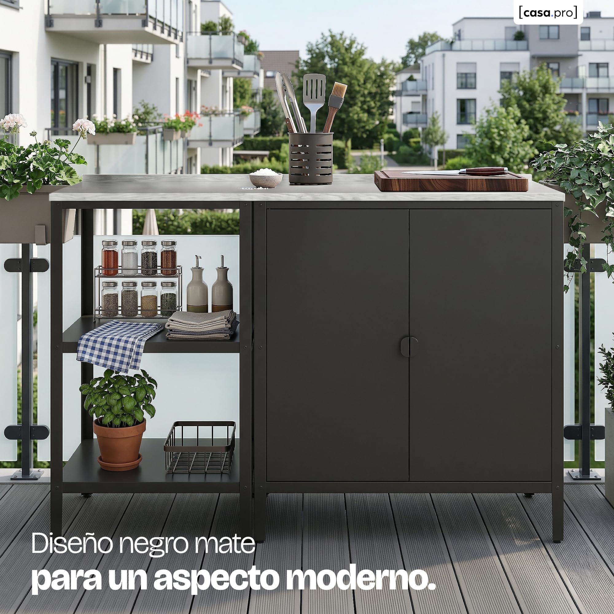 casa.pro Conjunto de Armario Exterior Bolognano Patas Regulables en Altura Encimera - 1 Armario + 1 Estantería de 3 Niveles Uso Interior/Exterior Almacenaje en el Jardín Acero - Plata y Negro