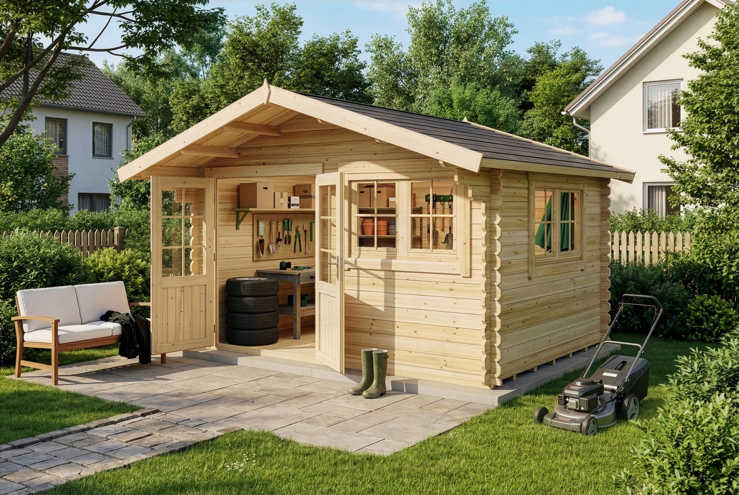 Abri de jardin Gabriel-34 avec sol en bois, abri de jardin 400 x 300 cm, 10,07 m², épaisseur de paroi 34 mm, naturel