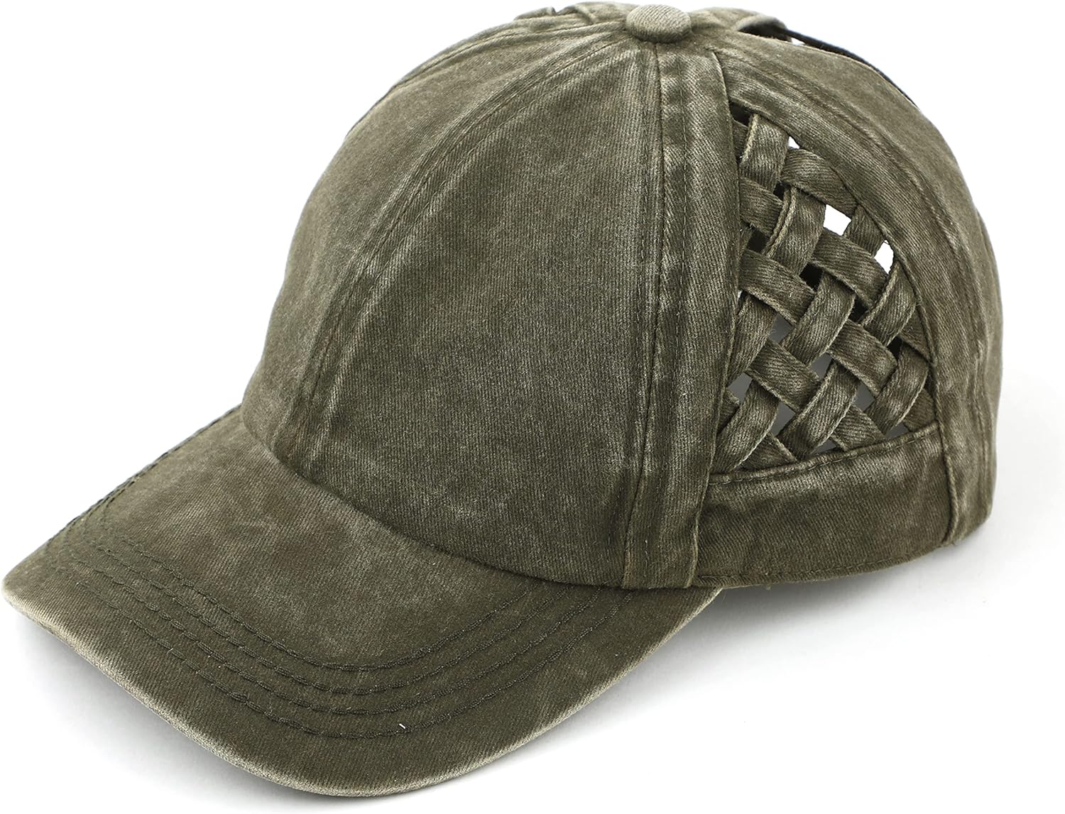 C.C Exclusives Washed Cotton Denim Basket Weave Criss-Cross Ponytail Baseball Cap Bundle Hair Tie (BT-922)