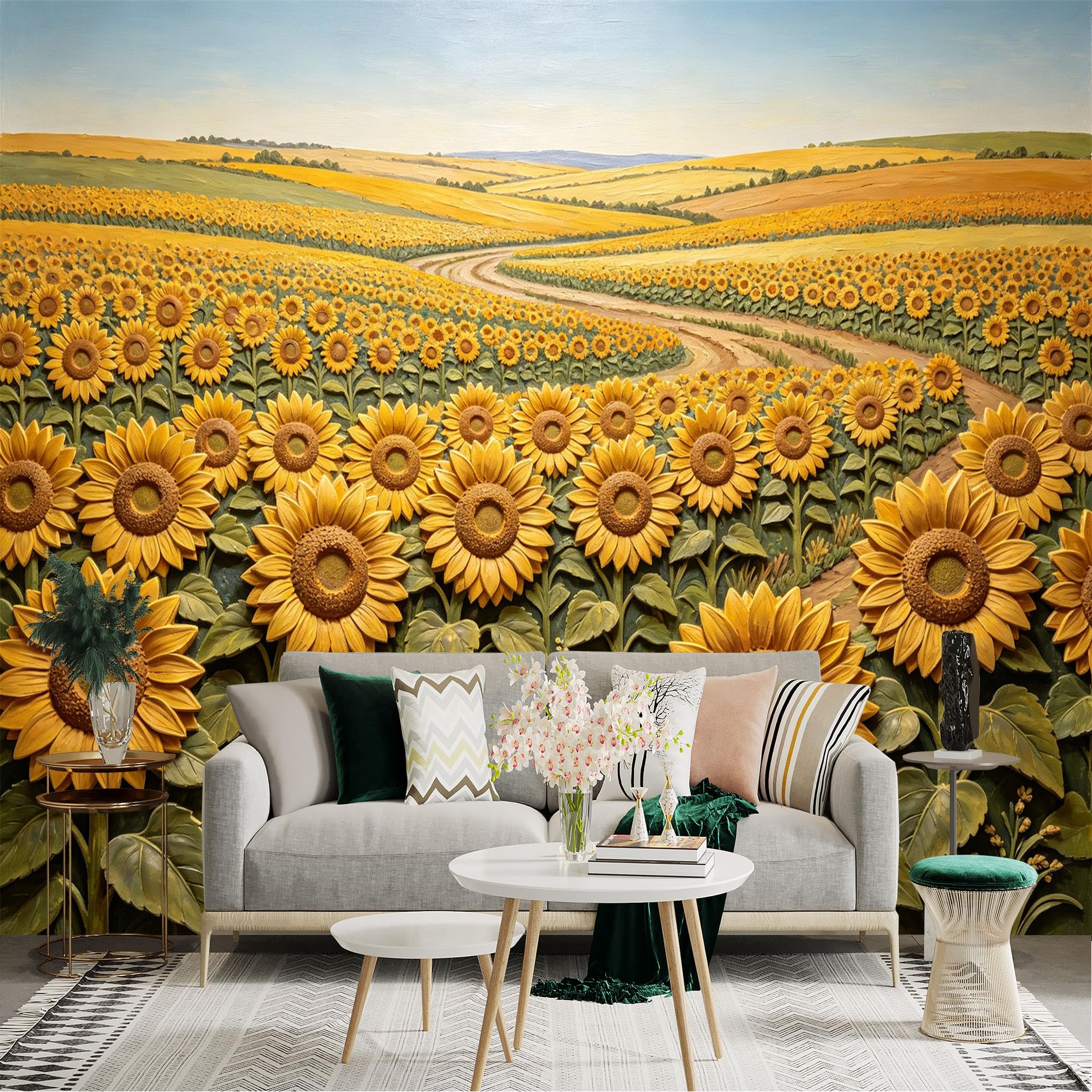 Lnzczhyre Dbh260521360 Custom Size Wall Sticker Mural， Vast Sunflower Field， Golden Meadows With Countryside Path， Summer Floral Scenery， For Wall Decoration， Peelandstick Wall Decals.