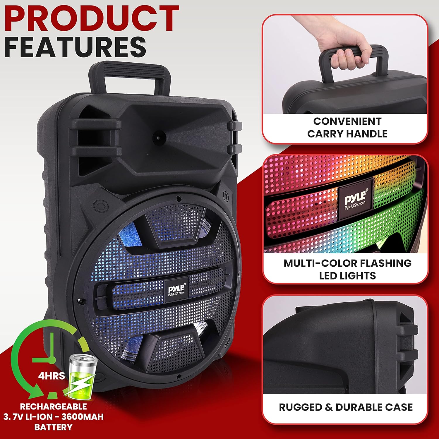 Pyle 12'' Portable Bluetooth Speaker System - 800 Watts - Karaoke Speaker w/ Latest DJ LED Lights, USB/FM/BT/Aux/Remote Control/Mic Inputs & Built-in Rechargeable Battery PPHP1243B - Image 7