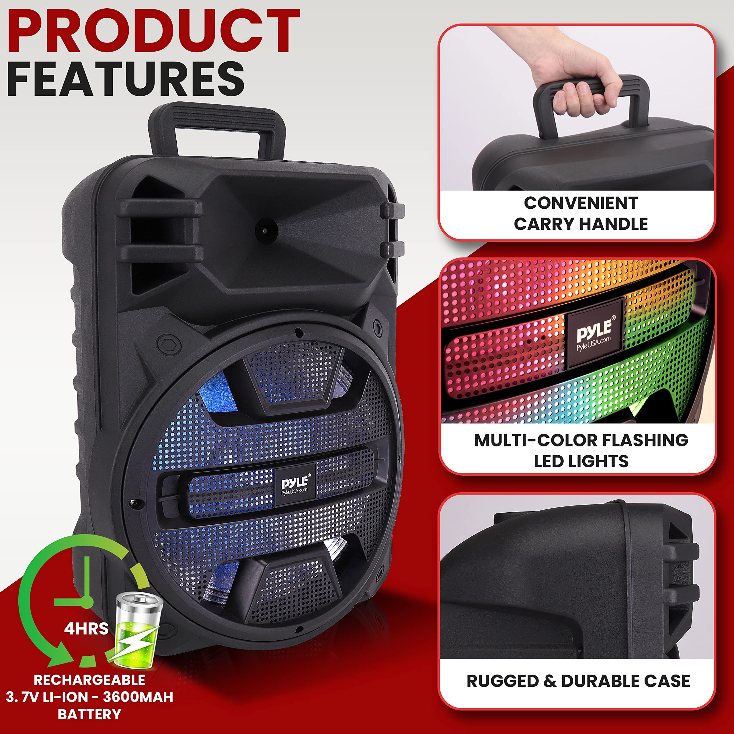 Pyle Portable Bluetooth PA Speaker System - 800W Outdoor Bluetooth Speaker Portable PA System w/Microphone In, Party Lights, USB SD Card Reader, FM Radio, Rolling Wheels - Remote Control