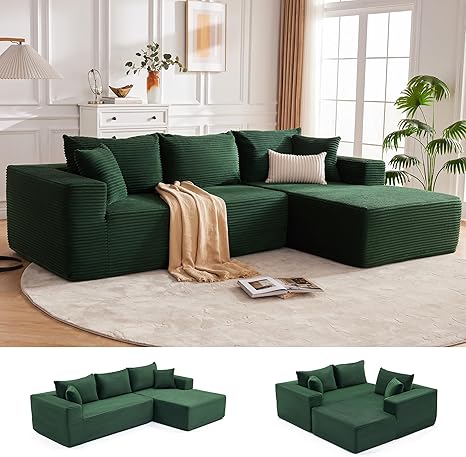 110” Cloud Sectional Couch, Boneless Sofa for Living Room, Modular Sectional Sofa with Deep Seat, Comfy Fluffy Couch with L-Shaped Chaise, No Assembly Required (Right-Facing Chaise, Green)