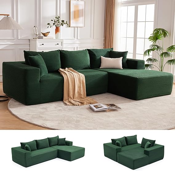 110” Cloud Sectional Couch, Boneless Sofa for Living Room, Modular Sectional Sofa with Deep Seat, Comfy Fluffy Couch with L-Shaped Chaise, No Assembly Required (Right-Facing Chaise, Green)