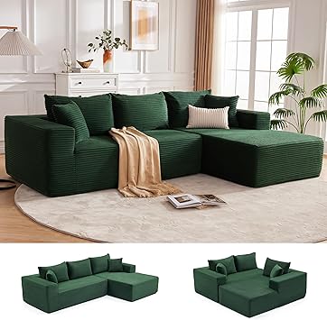 110” Cloud Sectional Couch, Boneless Sofa for Living Room, Modular Sectional Sofa with Deep Seat, Comfy Fluffy Couch with L-Shaped Chaise, No Assembly Required (Right-Facing Chaise, Green)