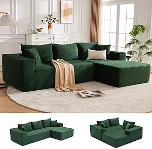 110” Cloud Sectional Couch, Boneless Sofa for Living Room, Modular Sectional Sofa with Deep Seat, Comfy Fluffy Couch with L-Shaped Chaise, No Assembly Required (Right-Facing Chaise, Green)