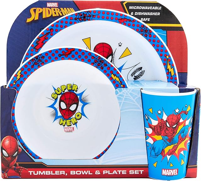 Marvel Spider-Man Kids Tableware Set 3 Piece Reusable PP Plate, Bowl & Cup Set for Children Superhero Dinnerware Tableware Set for Mealtimes at Home, On Holiday or at Picnics for 24 Months & Up