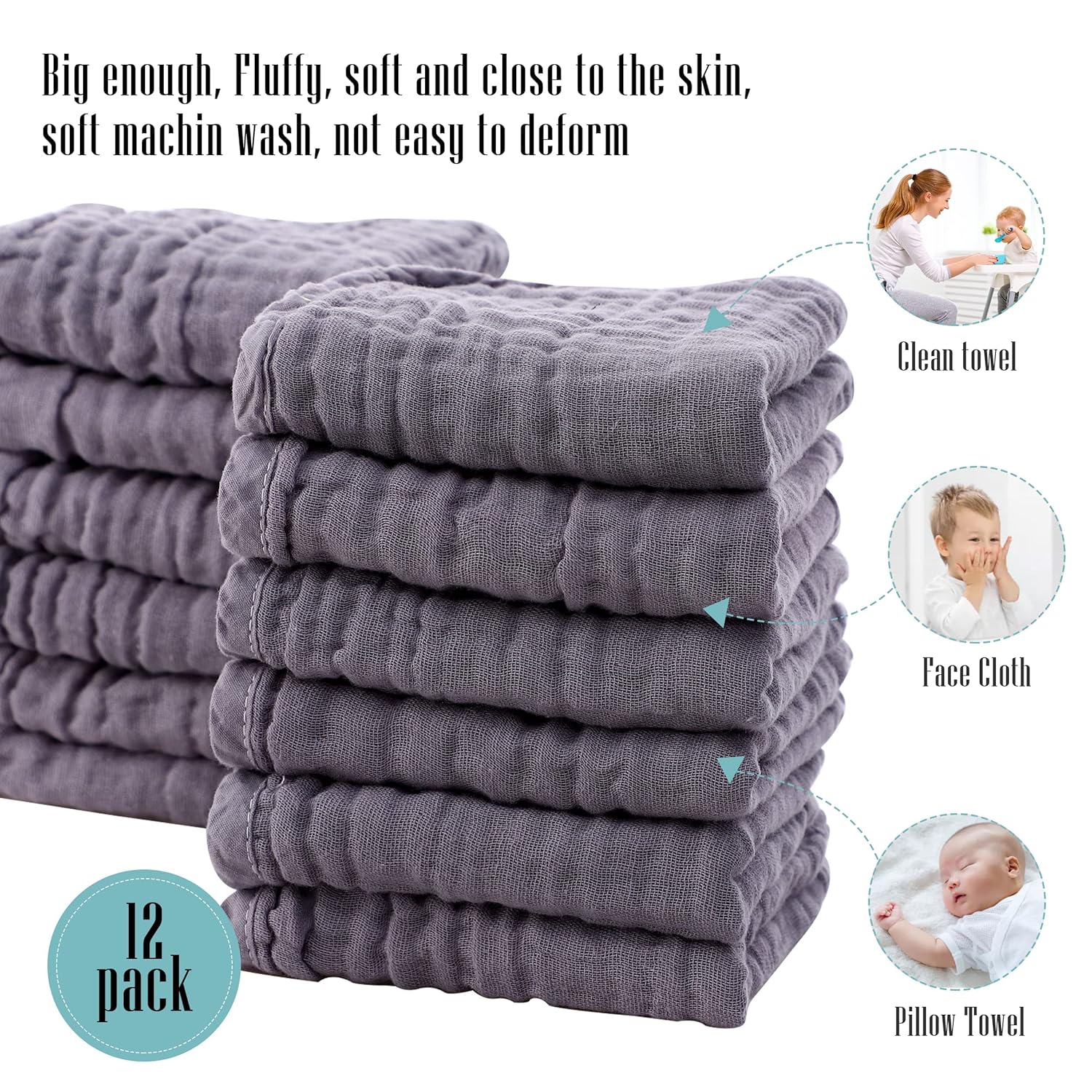 Cute Castle 24 Pack Muslin Burp Cloths for Baby - Ultra-Soft 100% Cotton Baby Washcloths - Large 20'' by 10'' Super Absorbent Milk Spit Up Rags - Burpy Cloths for Unisex, Boy, Girl - Grey