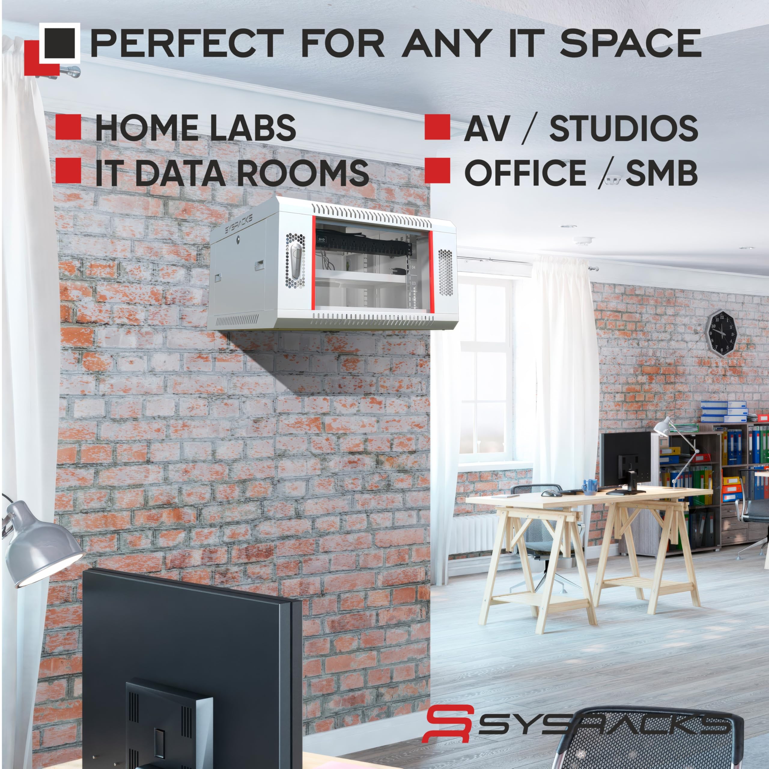 Sysracks 6U Boîtier mural pour serveur de données informatiques réseau AV 61 cm de profondeur – Étagère – PDU 8 voies – Ventilateur – Pieds réglables – Matériel
