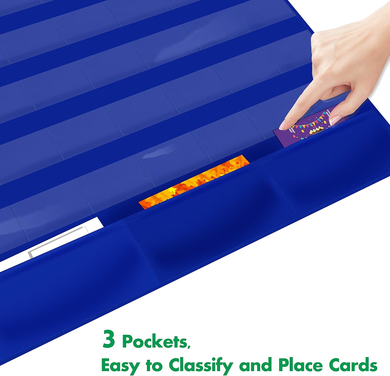 Blue Calendar Pocket Chart with 104 Cards,(72 Illustrated Activity Cards, 32 Dry Erasable Flash Cards and 3 Hooks 20"x22")