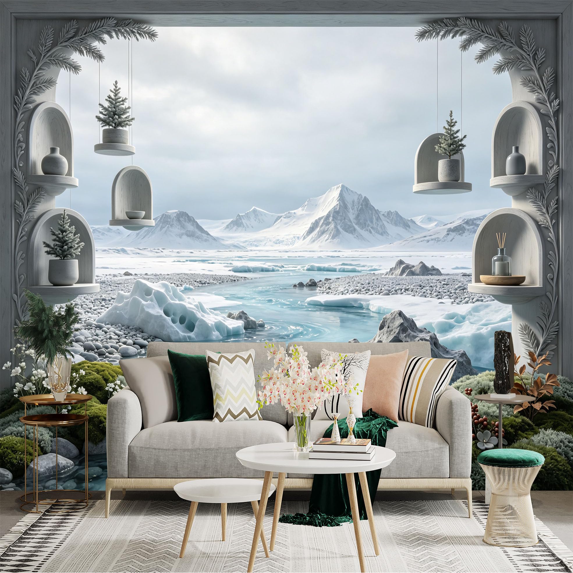 Lnzczhyre Bh260719783 Custom Size Wall Sticker Mural， Snowy Glacial Landscape， Frozen River And Arctic Mountains， Modern Decorative Arches With Potted Plants， For Wall Decoration， Peelandstick Wall Decals.