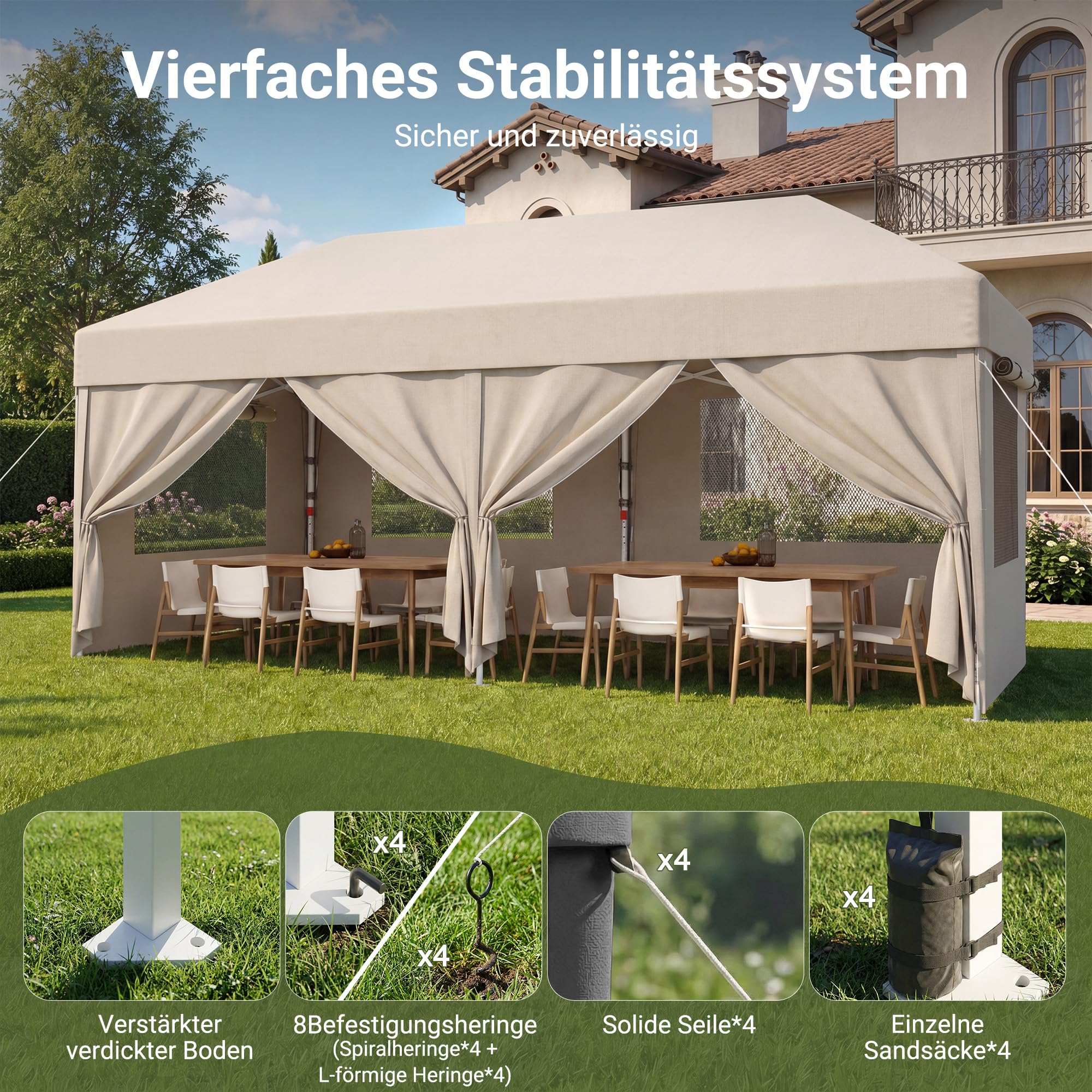 JUMMICO Pop Up Faltpavillon, 3 x 6 m Pavillon mit Netzfenstern zur Belüftung, UV-Schutz 50+, mit 4 Seitenwänden, wasserdicht stabil Winterfest，Faltbar Partyzelt Gartenzelt Gartenpavillon, Beige