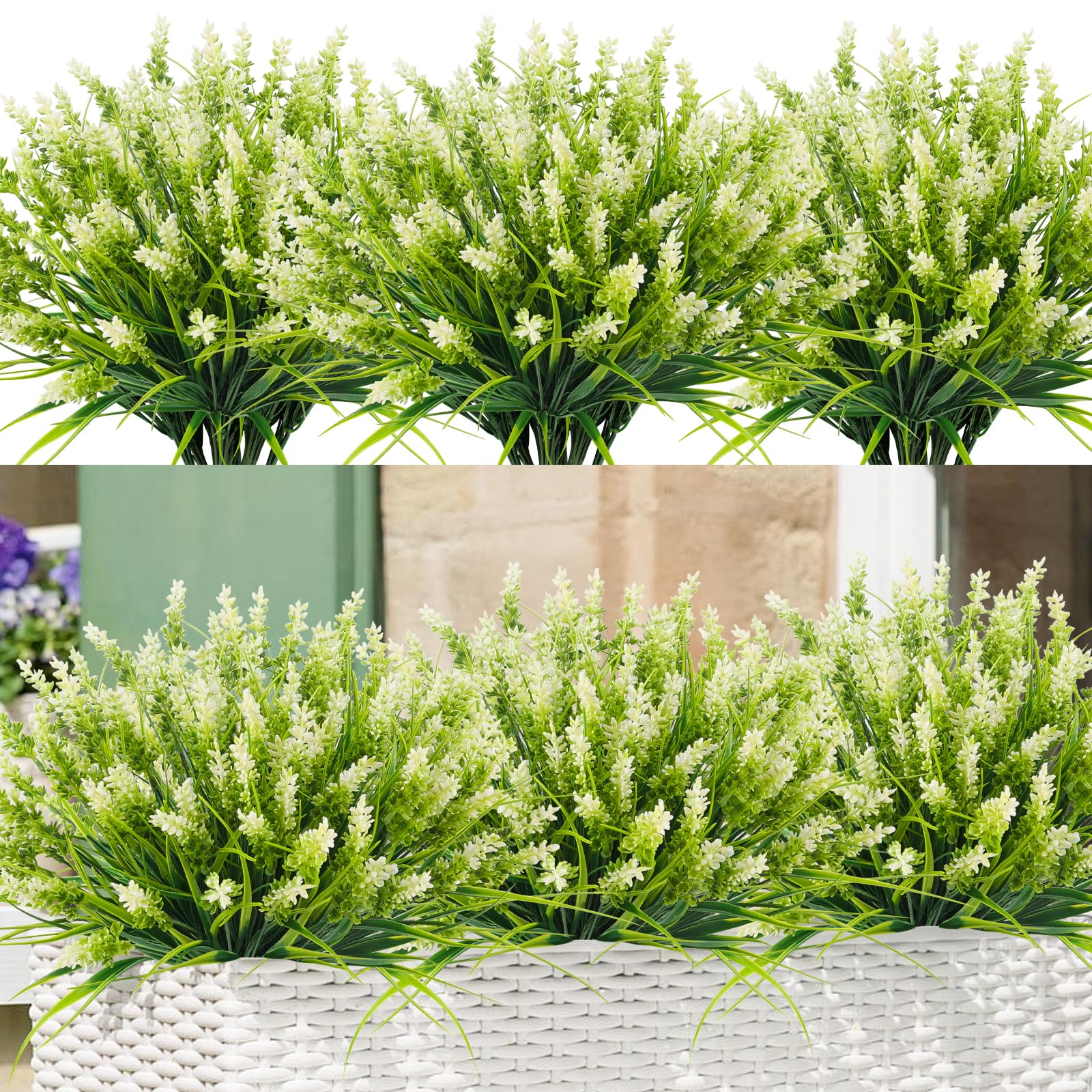 Artificial Plants for Outdoors, 10 Bundles Fake Monkey Grass with White Spring Flowers, Faux Plants Outdoor UV Resistant Realistic Greenery for Garden Window Patio Hanging Porch Home Decoration