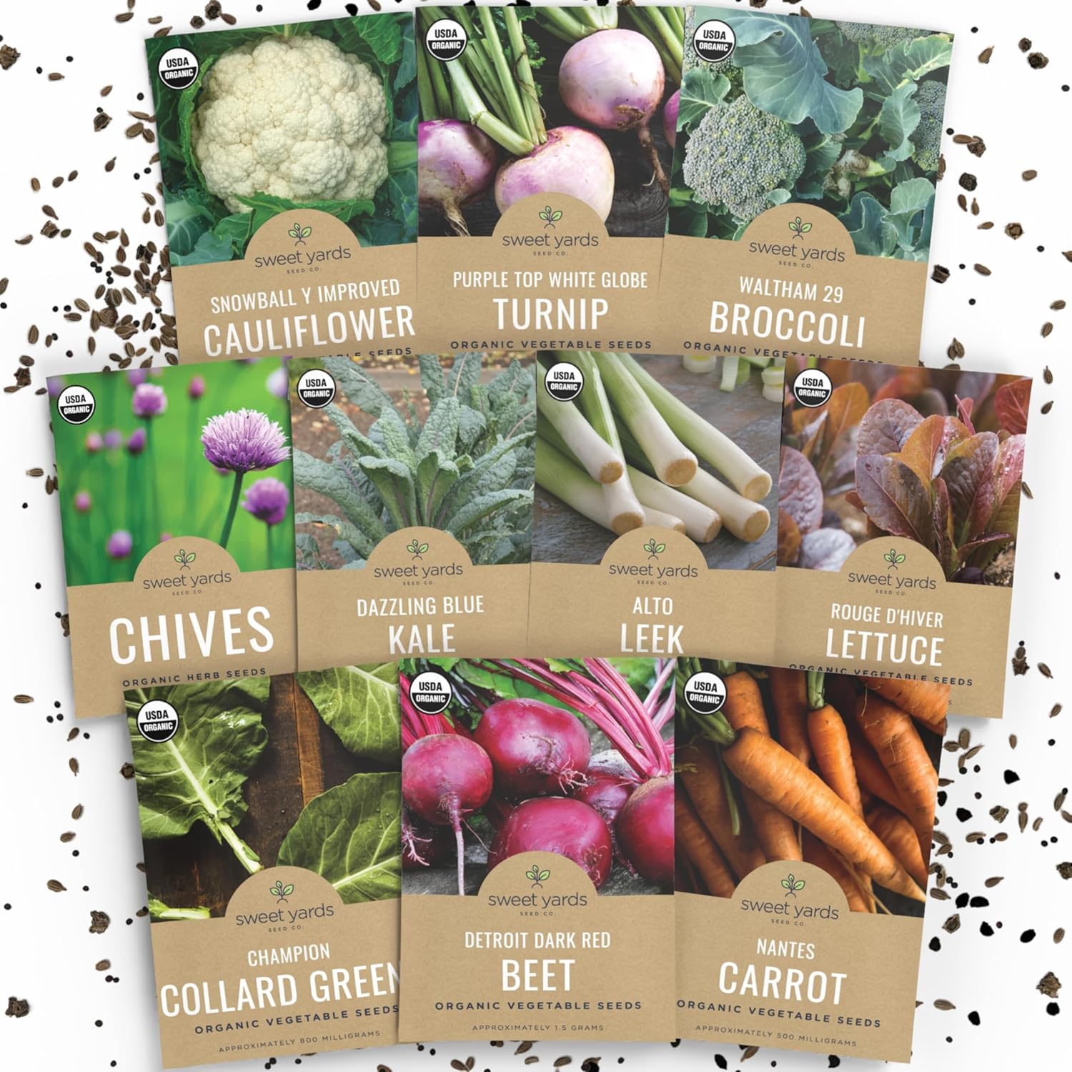 SweetYards Organic Cold Hardy Fall Winter Vegetable Seeds Variety Pack - 10 Non-GMO Packs, Cauliflower Kale Carrots Turnips 2026 Season
