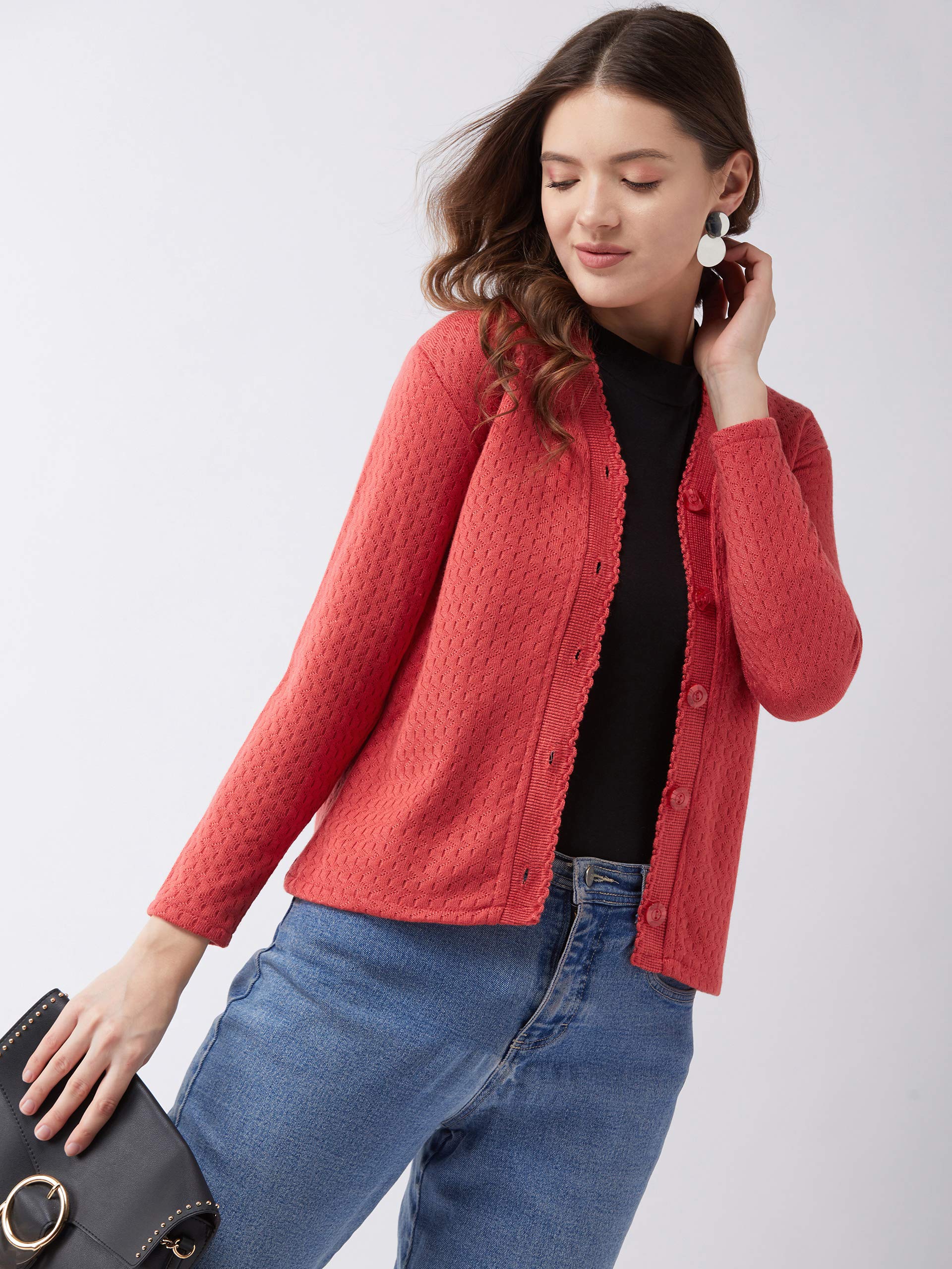 Pivl Self Design V Neck Casual Women Sweater (X-Large, Peach) - Image 7 thumbnail