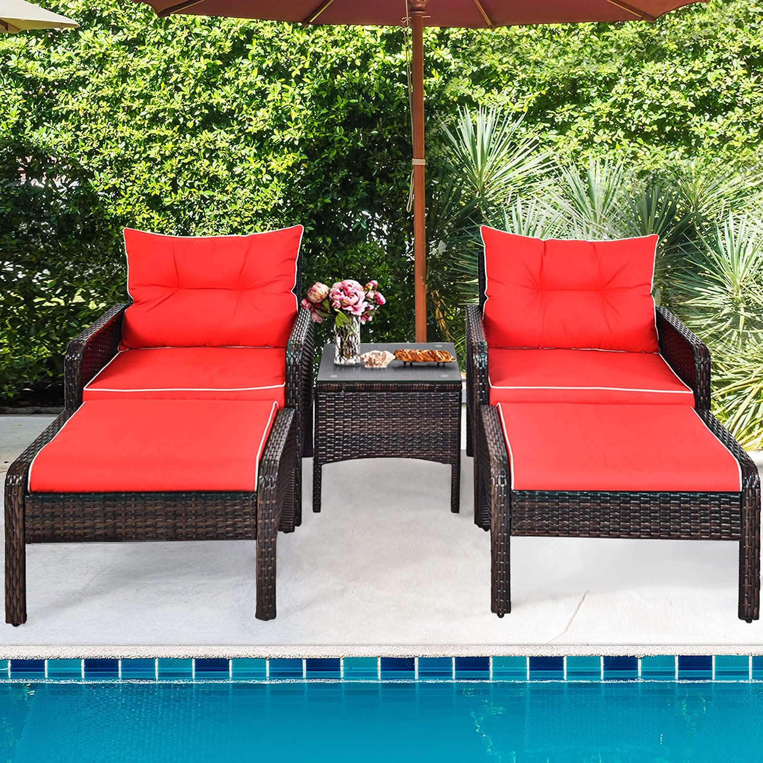 DORTALA 5 Pieces Patio Furniture Set, Outdoor Rattan Conversation Set with Cushions, Glass Table, Ottomans & Chairs, Wicker Sofa Set Backyard Porch Garden Balcony, Red