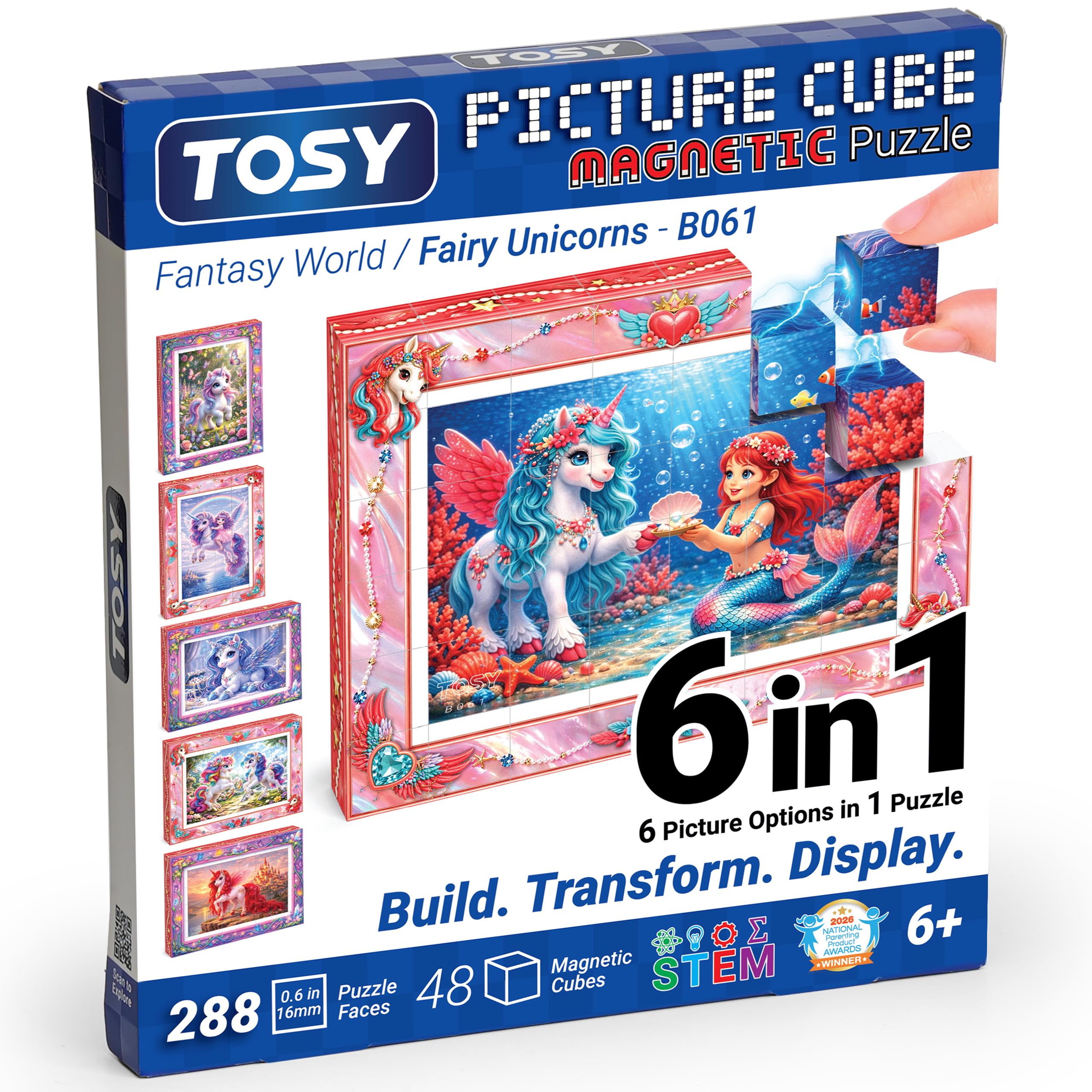 TOSY Picture Cube Fairy Unicorns: 6-in-1 Magnetic Picture Puzzle, 48 Blocks, 288 Puzzle Faces, 0.6 in, B061, Seamless UV Art, Display-Ready Frame, Collectible, STEM/STEAM Gift for Kids & Adults