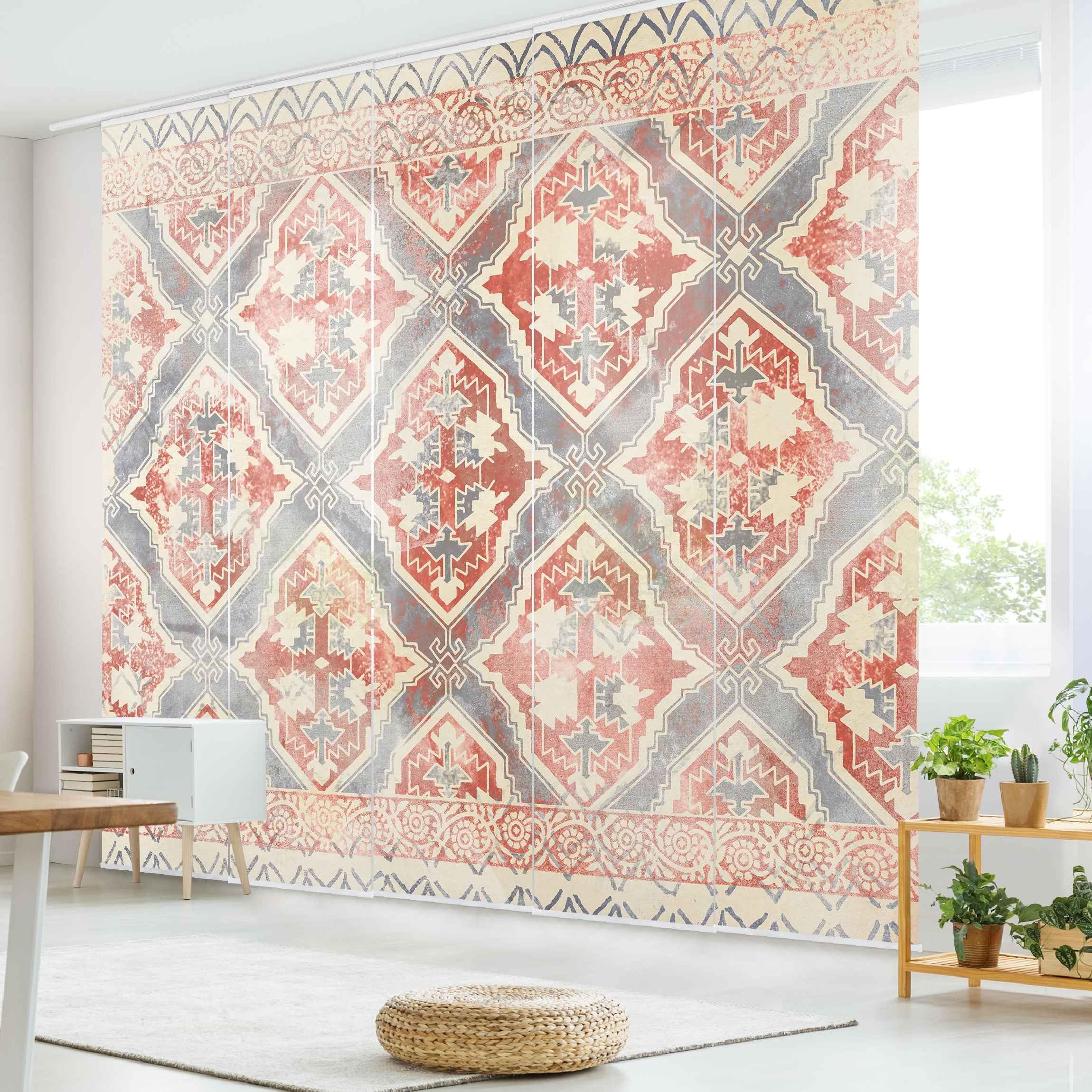 Schiebegardine halbtransparent 60er Paneel Klett Muster Textil lichtdurchlässig - Motiv Vintage Flächenvorhang rot Wohnzimmer Schlafzimmer 2445 (300x250 cm - 5er Set)